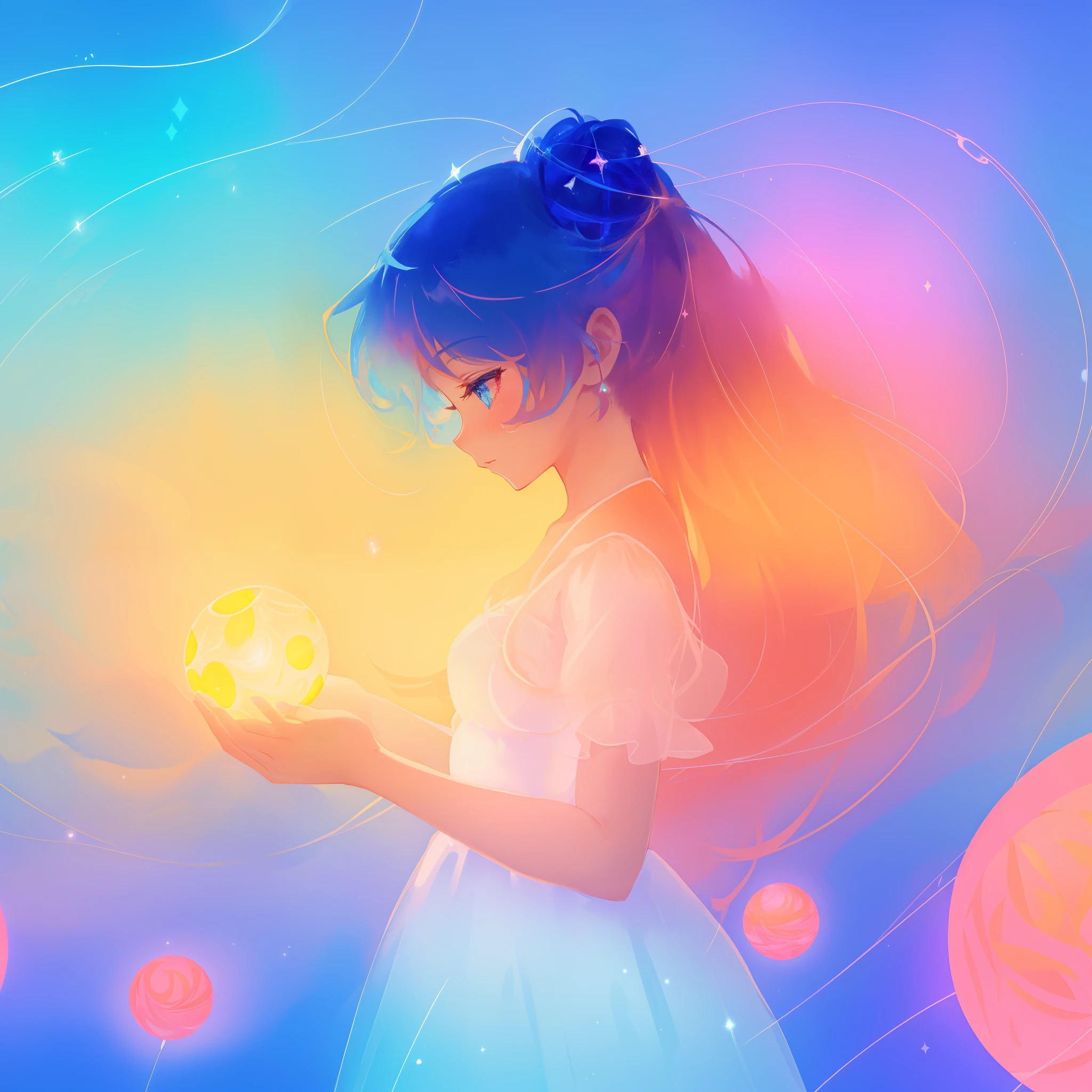 beautiful girl in sparkling white ballgown holding a glowing sphere, glowing puffy layered ballgown, (magical, whimsical), (magical orb), long flowing colorful hair, colorful fantasia background, watercolor illustration, disney art style, glowing aura around her, glowing lights, beautiful digital illustration, fantasia otherworldly landscape plants flowers, beautiful, masterpiece, best quality, anime disney style, perfect hands, profile view, eyes closed