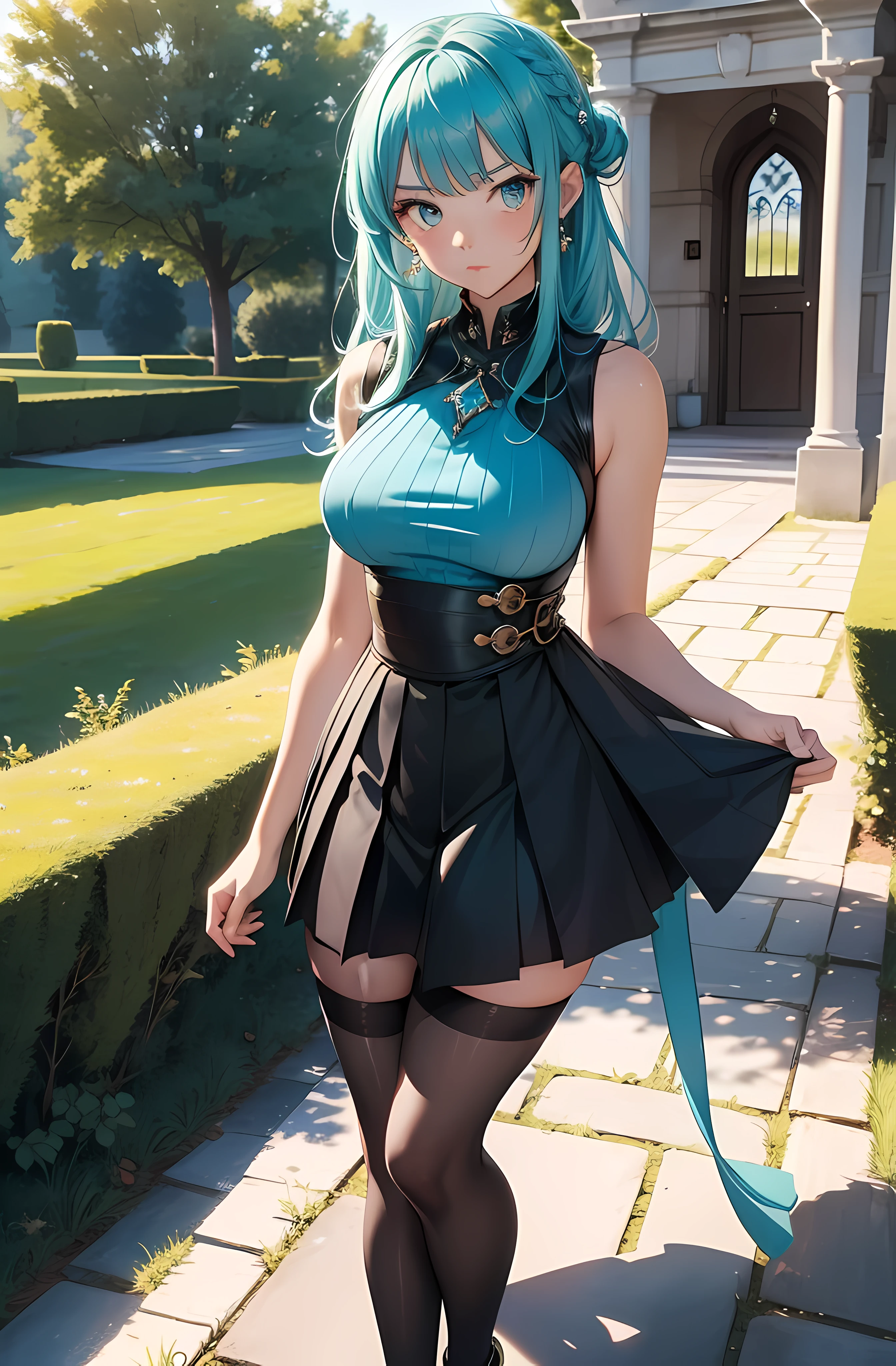 (Best quality), (masterpiece), (ultra detail), A cute girl, highly detailed face, indifferent facial expression, teal crystal eyes, turquoise hair, full body, in the country side castle in England like , BREAK black tights, ( one piece dress with short pleated skirt), (short skirt), (hourglass figure)