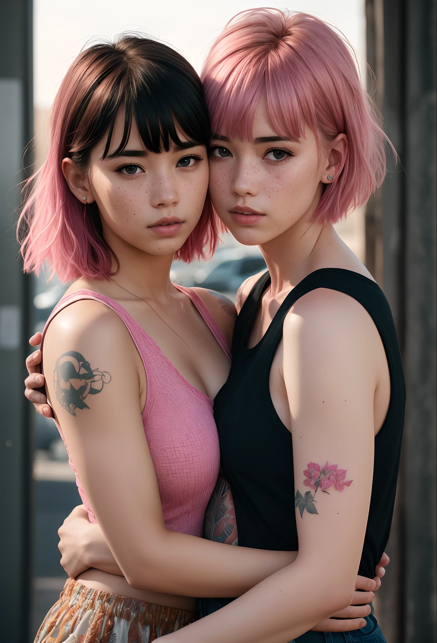 (2 girls:1.3), asymmetrical bangs, bandaid, short hair, bangs, freckles, grey eyes, looking at the other girl, neck tattoo, pink hair, ends of hair are darker pink, photorealistic, photo, masterpiece, realistic, realism, photorealism, high contrast, photorealistic digital art trending on Artstation 8k HD high definition detailed realistic, detailed, skin texture, hyper detailed, realistic skin texture, best quality, ultra high res, (photorealistic:1.4), high resolution, detailed, raw photo, sharp re, by lee jeffries nikon d850 film stock photograph 4 kodak portra 400 camera f1.6 lens rich colors hyper realistic lifelike texture dramatic lighting unrealengine, trending on artstation, cinestill 800, hug, full body portrait