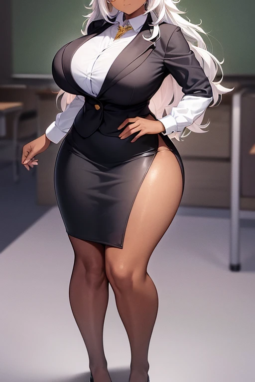 Dark skin, pencil skirt, dark body, teacher, yellow eyes, white hair, mini-skirt, large breasts, breasts, thick thighs, glasses, long hair, white shirt, serious, 1girl, (full body), full body, classroom