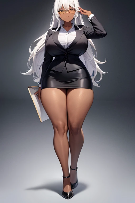 Dark skin, pencil skirt, dark body, teacher, yellow eyes, white hair, mini-skirt, large breasts, breasts, thick thighs, glasses, long hair, white shirt, serious, 1girl, (full body), full body, classroom