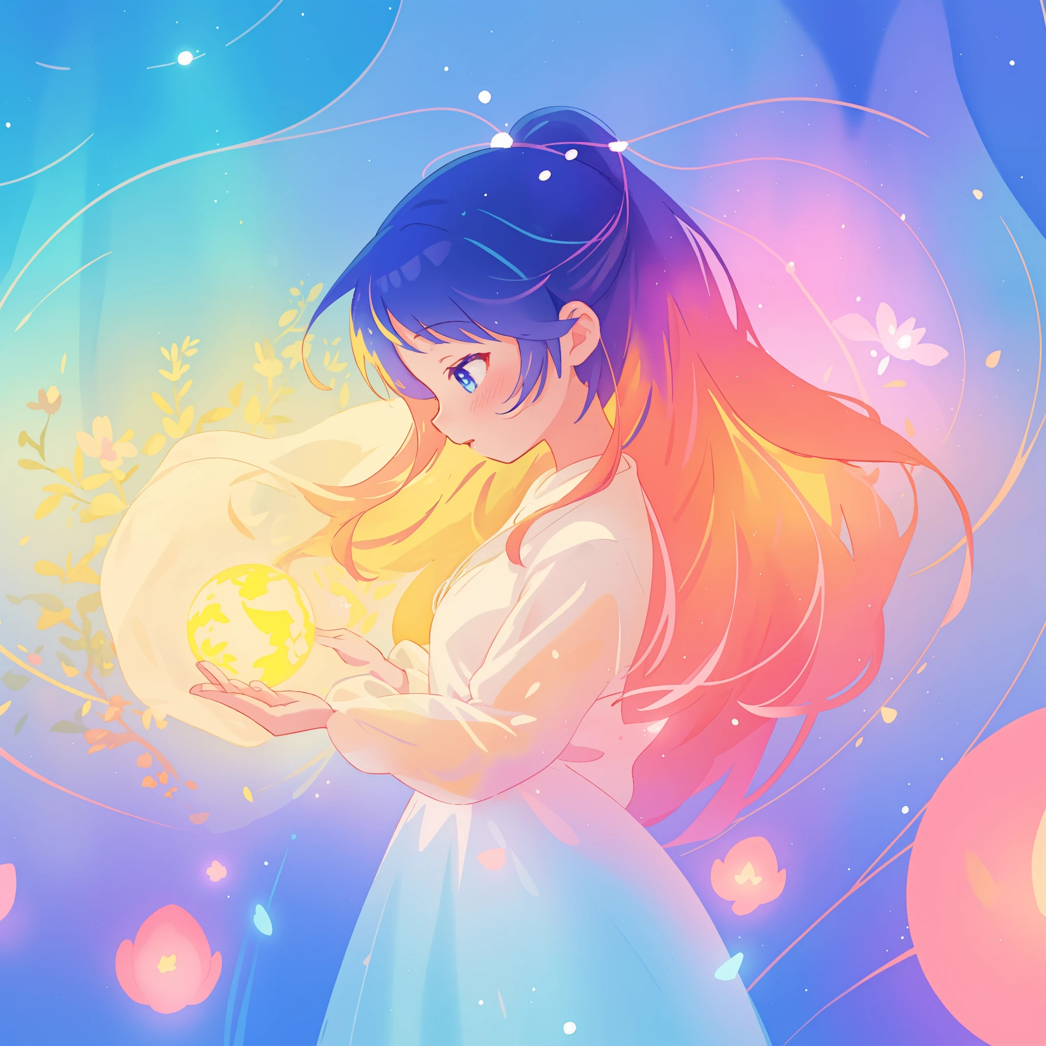 beautiful girl in sparkling white dress holding a glowing magical sphere, glowing ballgown, long colorful hair, colorful fantasia background, watercolor illustration, disney art style, glowing aura around her, glowing lights, beautiful digital illustration, fantasia otherworldly landscape plants flowers, beautiful, masterpiece, best quality, anime disney style