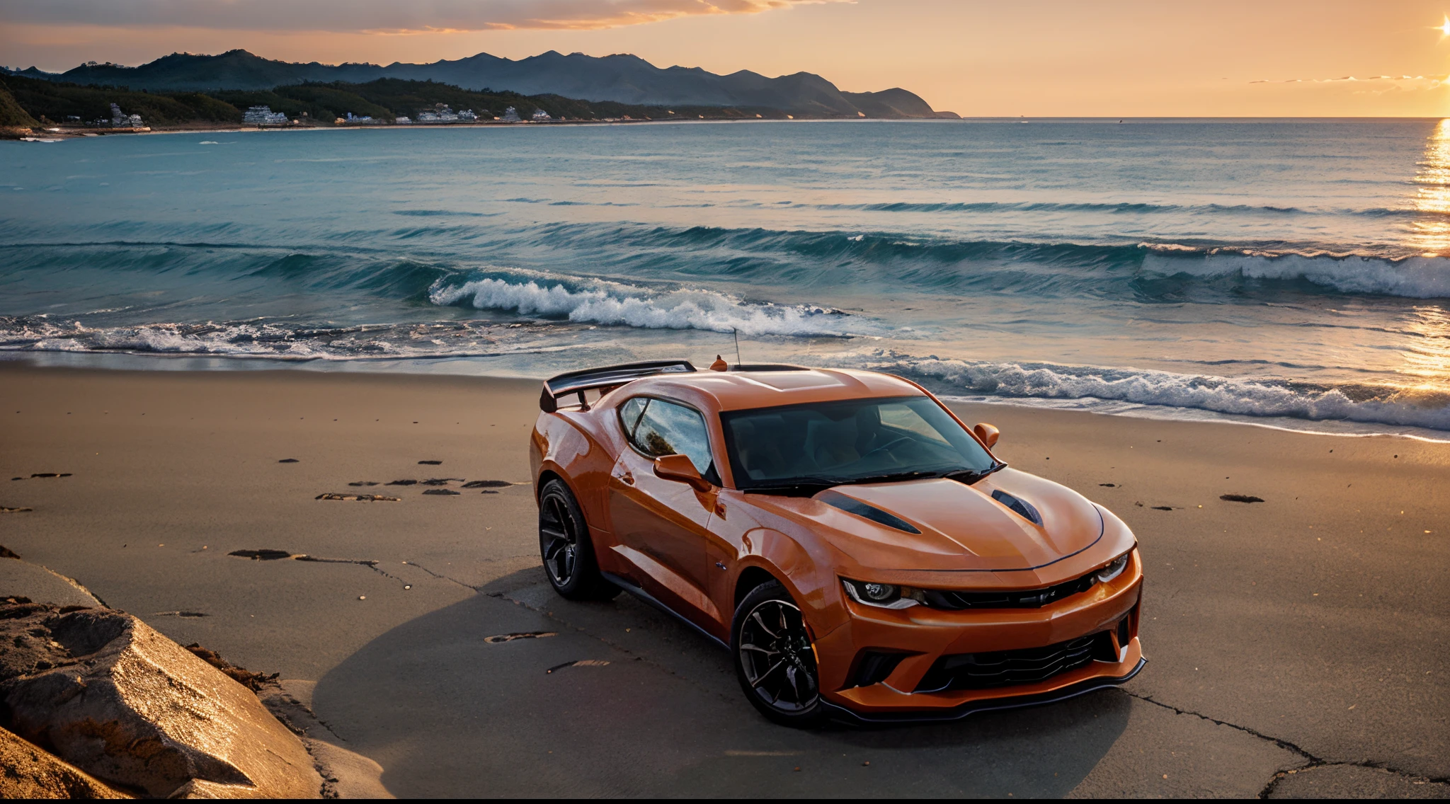 orange chevrolet camaro, ocean, beautiful warm landscape, beautiful sky, beautiful sky, well warm light, ocean, mountains, hyper realistic, realistic, rich in colours, sunset, sunlight,high detailed