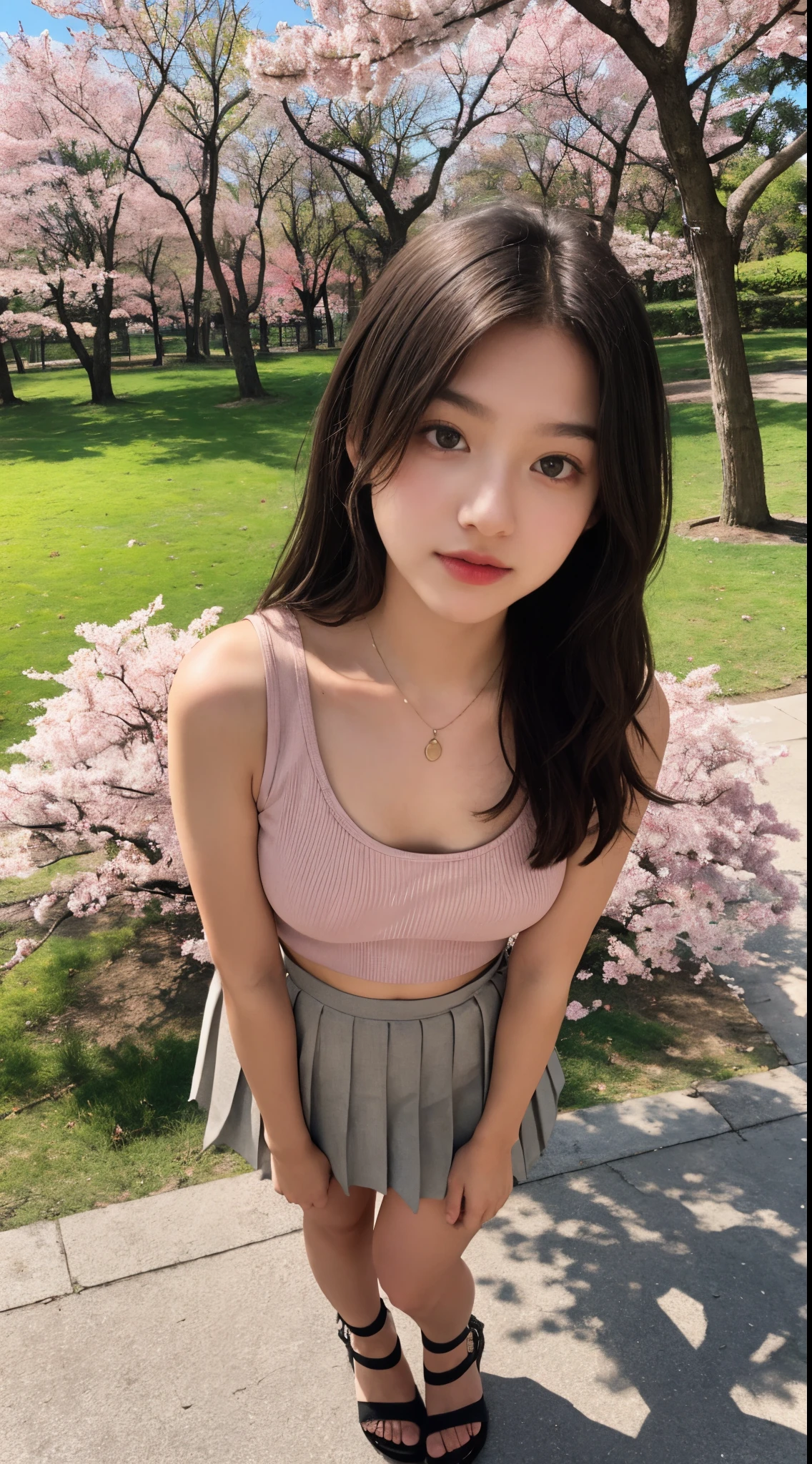 Pre-teen, ************, European, blonde, small breasts, big eyes, long legs, close-up of thighs, tank top with plunging neckline, sweatshirt, tiny pleated skirt, heeled sandals, extremely high angle shot, top view of girl, park background, trees, cherry blossom, looking into a mirror with macabre reflections, ray tracing, HDR