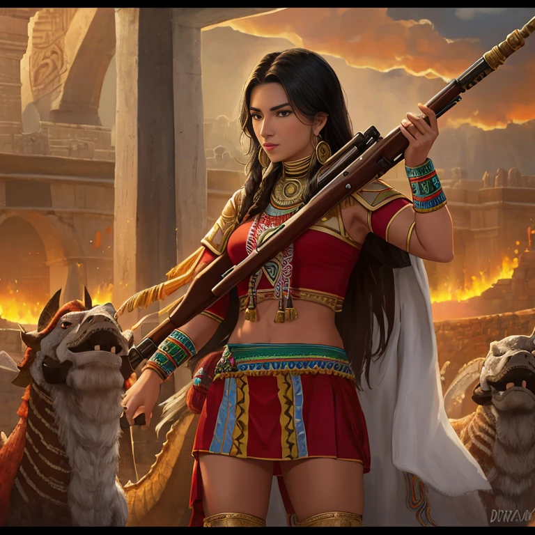 Foto RAW, alta calidad, frame from an ancient Aztec action movie, magnificent dream luxury, Impresionantes fuerzas especiales de chicas usando un rifle en una escena de lucha, (mujer detallada) traje azteca: 1,1, fondo borroso, (Dichen_Lachman), dinosaurios rex