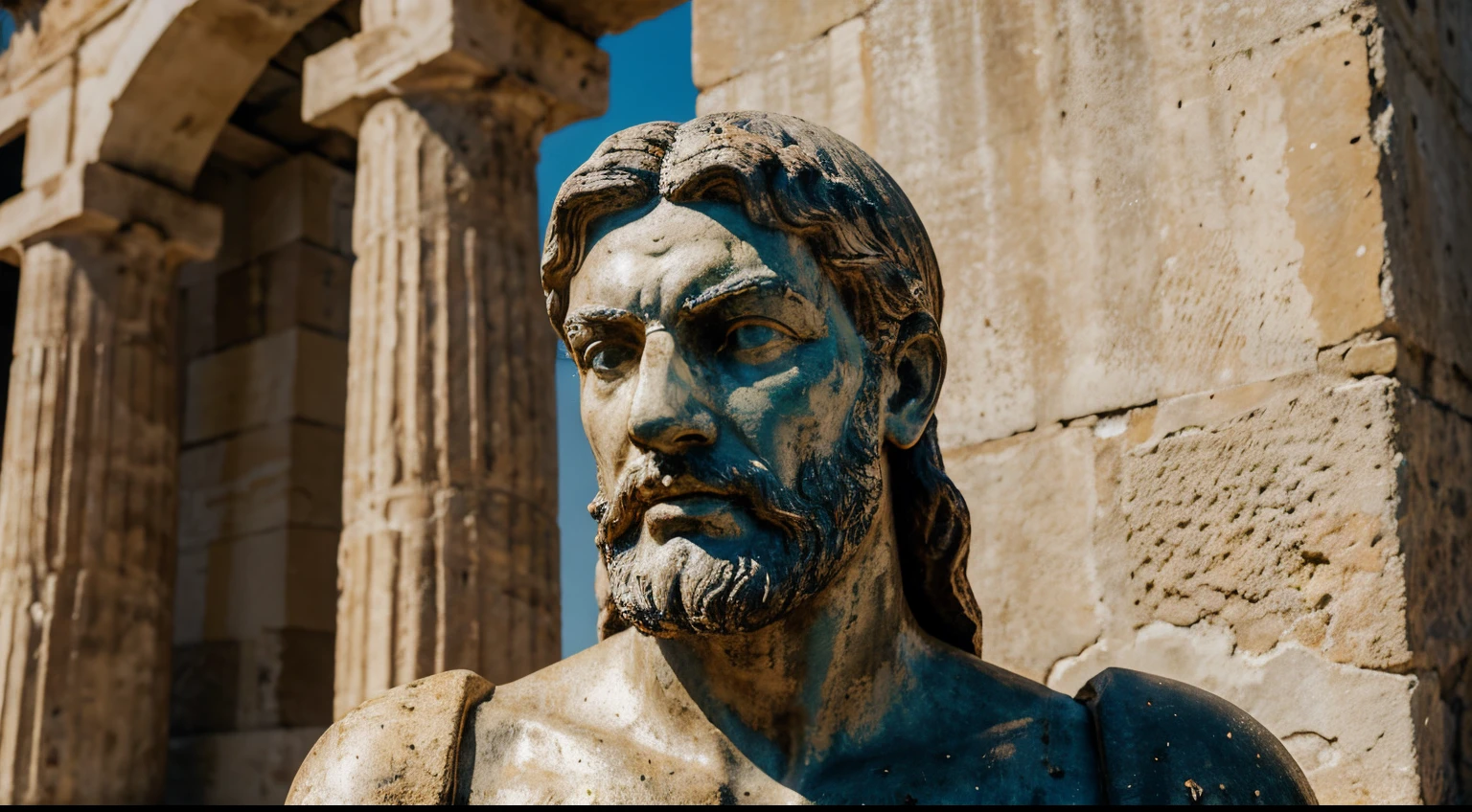 Ancient Stoic Statue With Very Angry Expression, tem barba, muitos detalhes em ambos os olhos, Outside, fundo atenas grego, open sky, com rosto extremamente detalhado full body view, Colors with low saturation with dark tone, Filmado em Sony A7S III com Sony FE 35mm f/1.8, 12.1 MP, --AR 3:2 --estilo cru