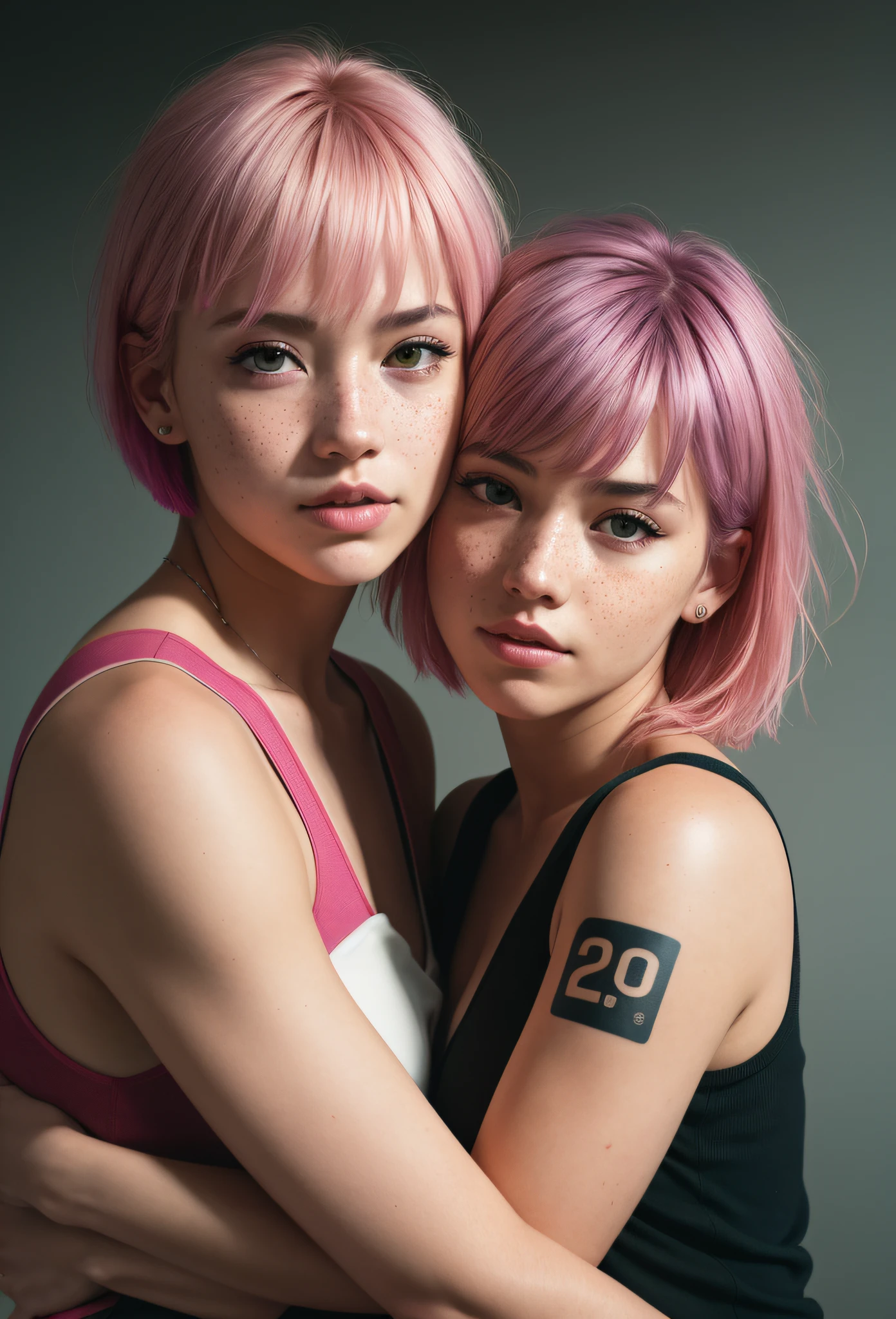 girl, , short shoulder-length hair, pink hair color, bikini, tshirt,