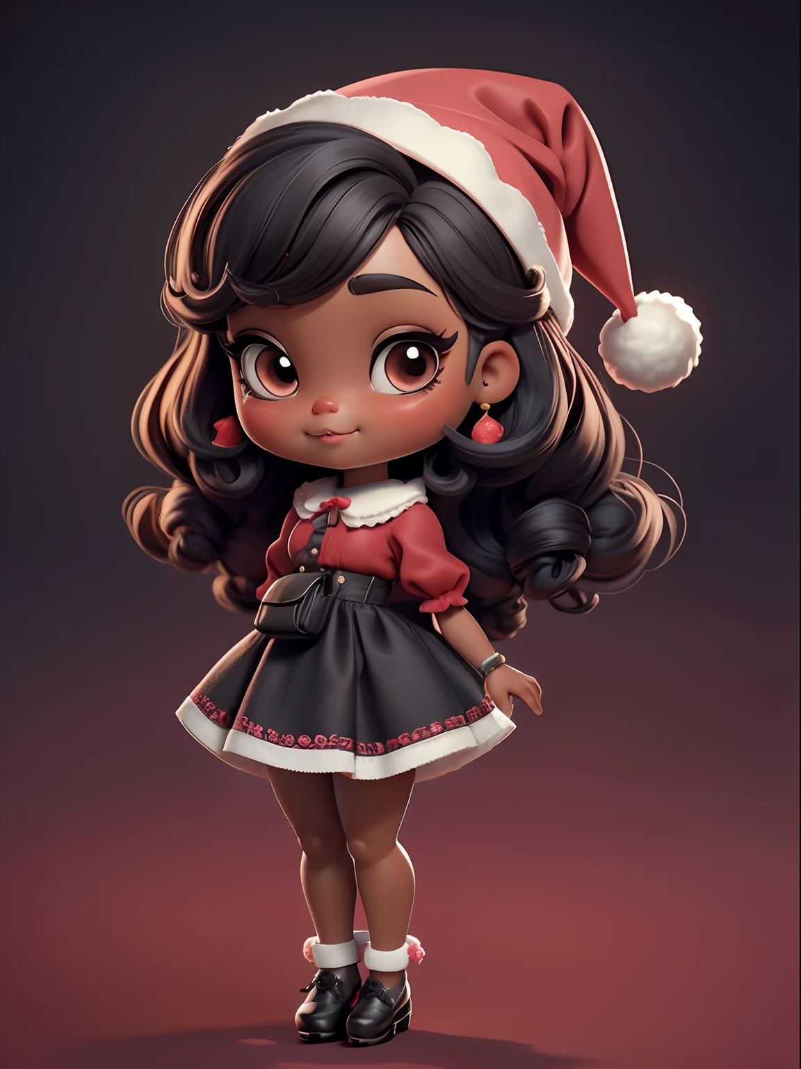 Escolha o tipo de corpo "Chibi" para sua boneca negra afro africana. This usually involves a large head in relation to the body, large eyes and a generally cute appearance.
Personalize o rosto da boneca. Adicione olhos grandes e expressivos, um sorriso fofo e bochechas rosadas.
Choose a hairstyle that complements the doll's appearance. It can be something cute with red Christmas bow.
Agora, concentre-se nas roupas da boneca. Escolha uma roupa vermelha fofa de Natal. Pode ser um vestido, a sweater or a set of t-shirt and skirt. Make sure the clothing is appropriate for the Chibi appearance of the doll.
Add beautiful details to your clothes. You can use elements such as ruffles, ties, buttons and lace to make the clothes more interesting and festive.
Don't forget your shoes! Escolha um sapato bonito que combine com a roupa vermelha de Natal. Pode ser um par de sapatilhas vermelhas ou sapatos de salto alto com detalhes fofos, such as Christmas bows or ornaments.
Add accessories, se desejar. It can be a Christmas hat with pompoms or a small bag matching the clothes.