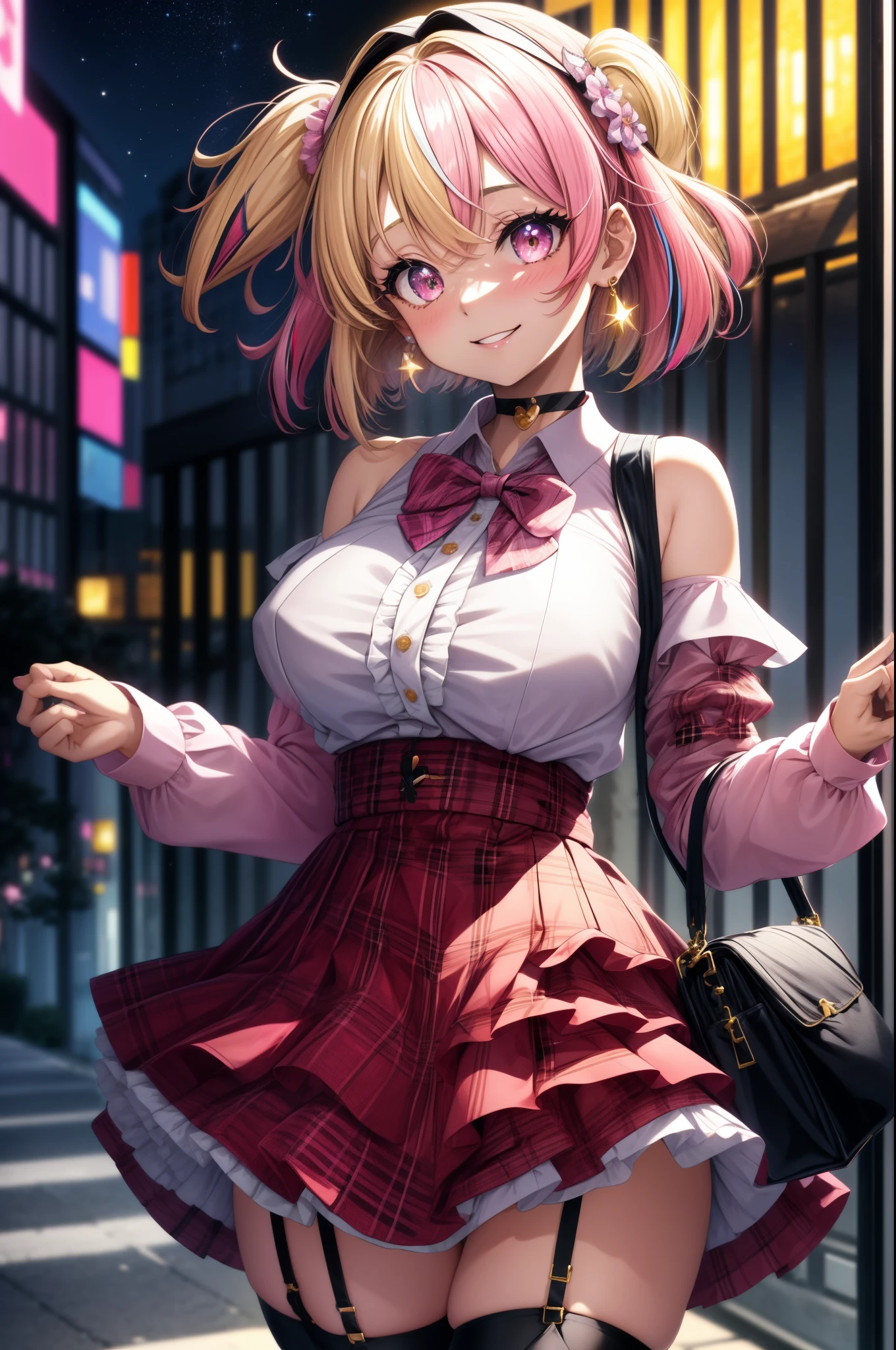 1girl, solo, blonde hair, scene hair, hair clips, (pink streaks), two tone hair, streaky hair, short hair, off shoulder shirt, outdoors, cityscape, starry sky, flower, headband, jirai kei, bare shoulder, microskirt, plaid skirt, garter belt, earrings, thick lips, pink eyes, layered hair, huge breasts, long sleeves, thick thighs, (anime:1.2), blunt bang, eye makeup, choker, bowtie, standing, handbag, pearl earrings, cowboy shot, head tilt, smile,