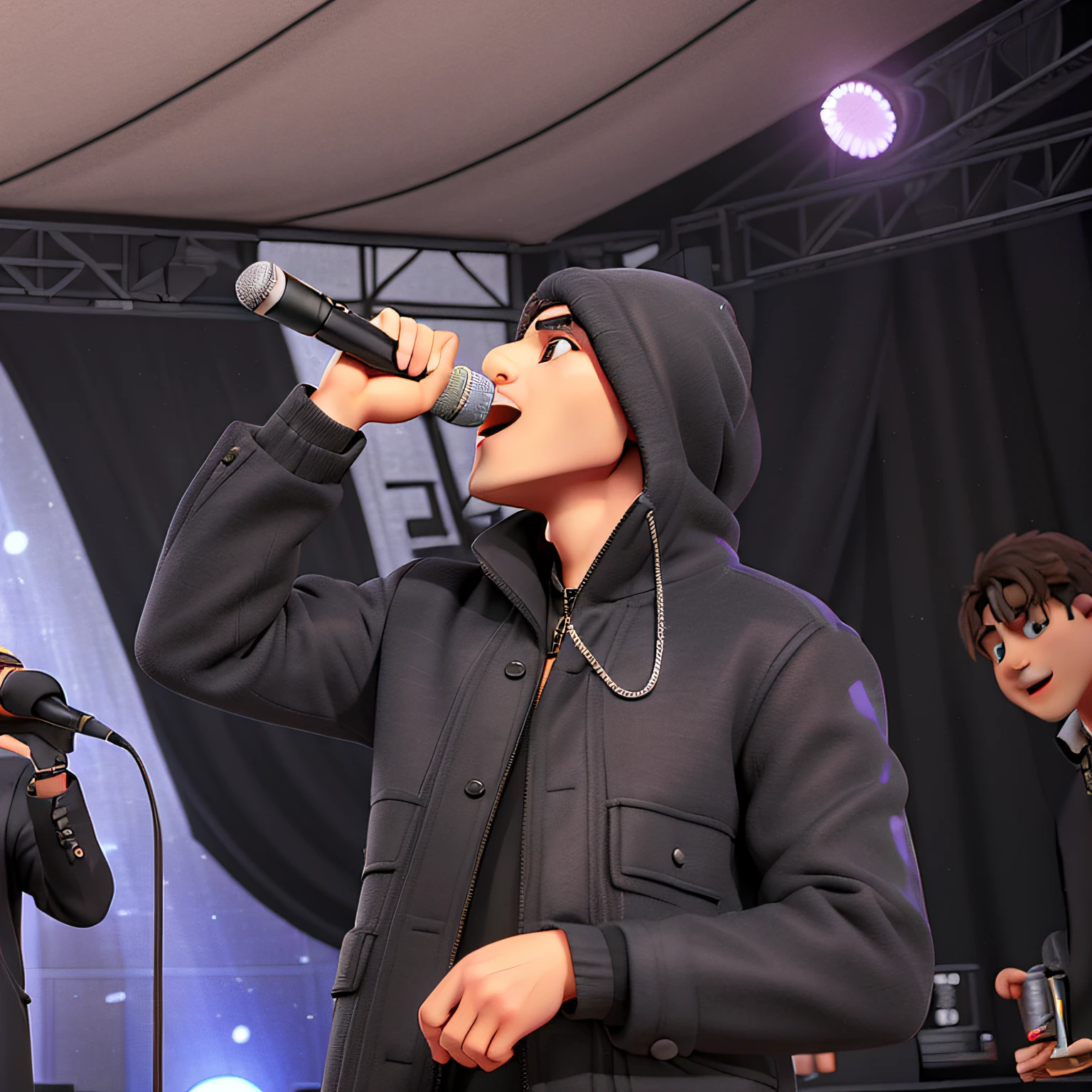 man singing on a stage with microphone in hand wearing closed black coat and silver necklace