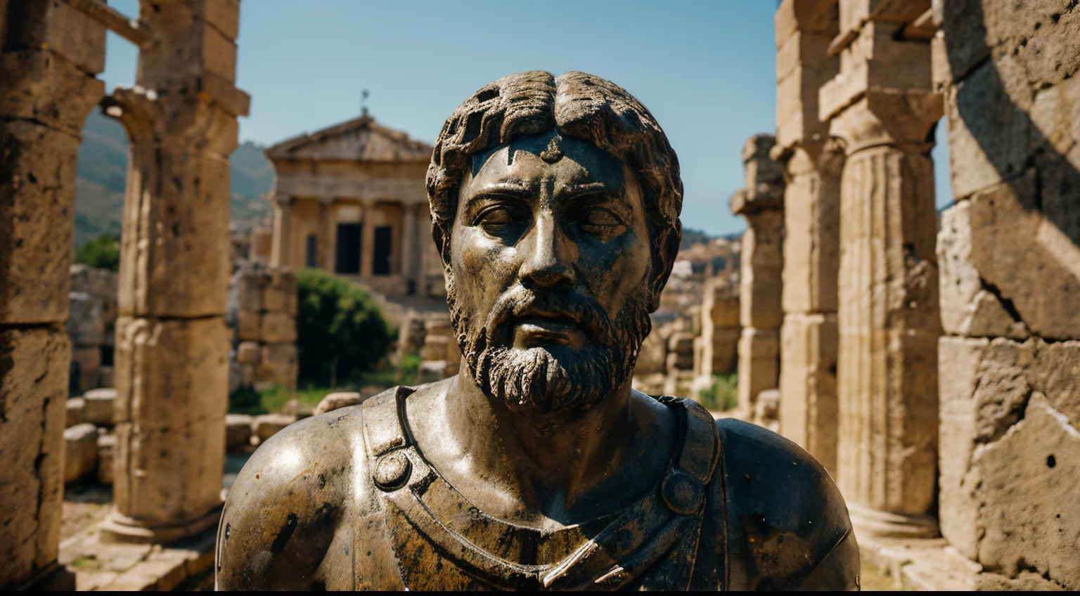 Ancient Stoic Statue With Very Angry Expression, tem barba, muitos detalhes em ambos os olhos, Outside, fundo atenas grego, open sky, com rosto extremamente detalhado full body view, Colors with low saturation with dark tone, Filmado em Sony A7S III com Sony FE 35mm f/1.8, 12.1 MP, --AR 3:2 --estilo cru