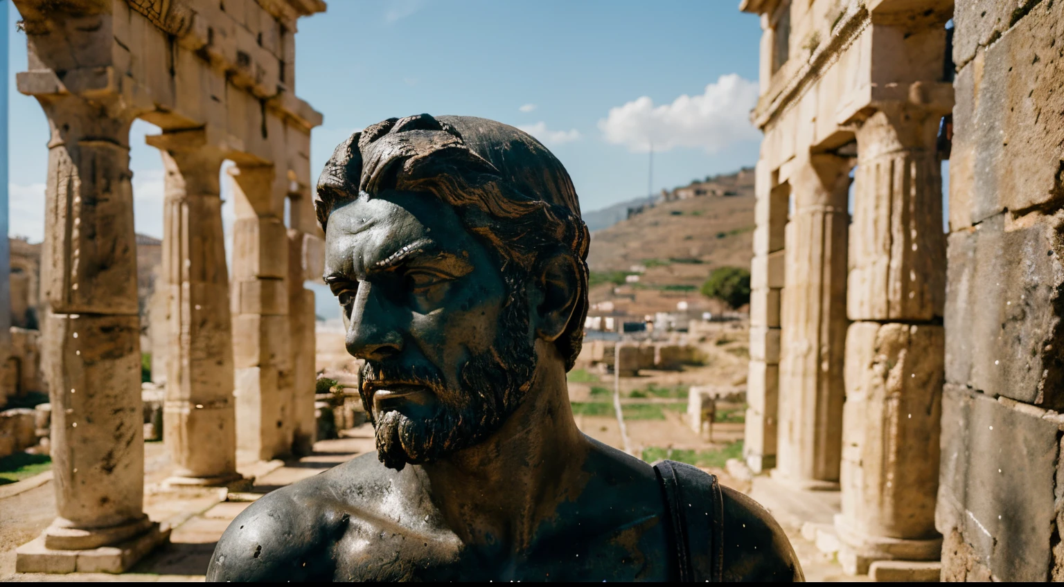 Ancient Stoic Statue With Very Angry Expression, tem barba, muitos detalhes em ambos os olhos, Outside, fundo atenas grego, open sky, com rosto extremamente detalhado full body view, Colors with low saturation with dark tone, Filmado em Sony A7S III com Sony FE 35mm f/1.8, 12.1 MP, --AR 3:2 --estilo cru