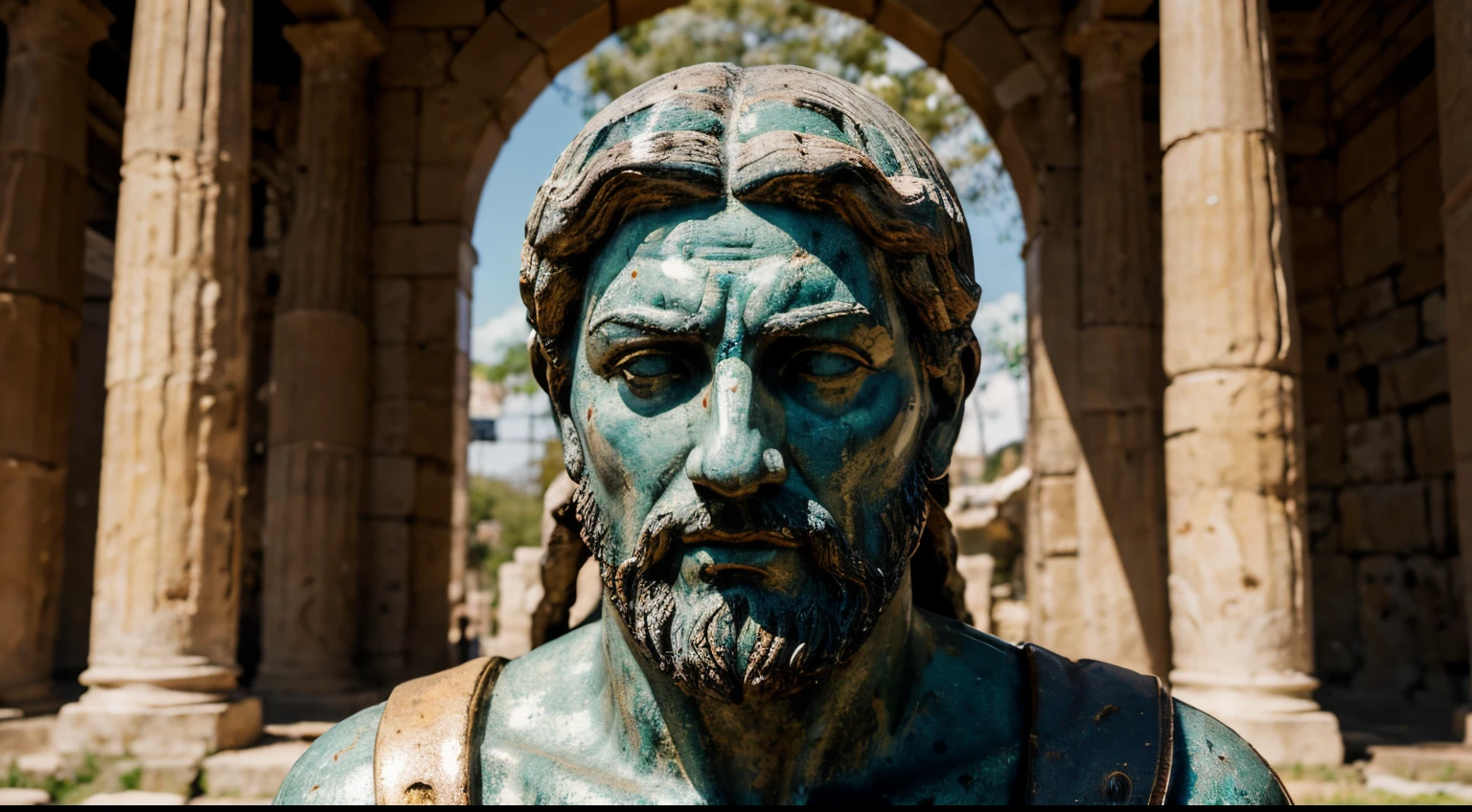 Ancient Stoic Statue With Very Angry Expression, tem barba, muitos detalhes em ambos os olhos, Outside, fundo atenas grego, open sky, com rosto extremamente detalhado full body view, Colors with low saturation with dark tone, Filmado em Sony A7S III com Sony FE 35mm f/1.8, 12.1 MP, --AR 3:2 --estilo cru