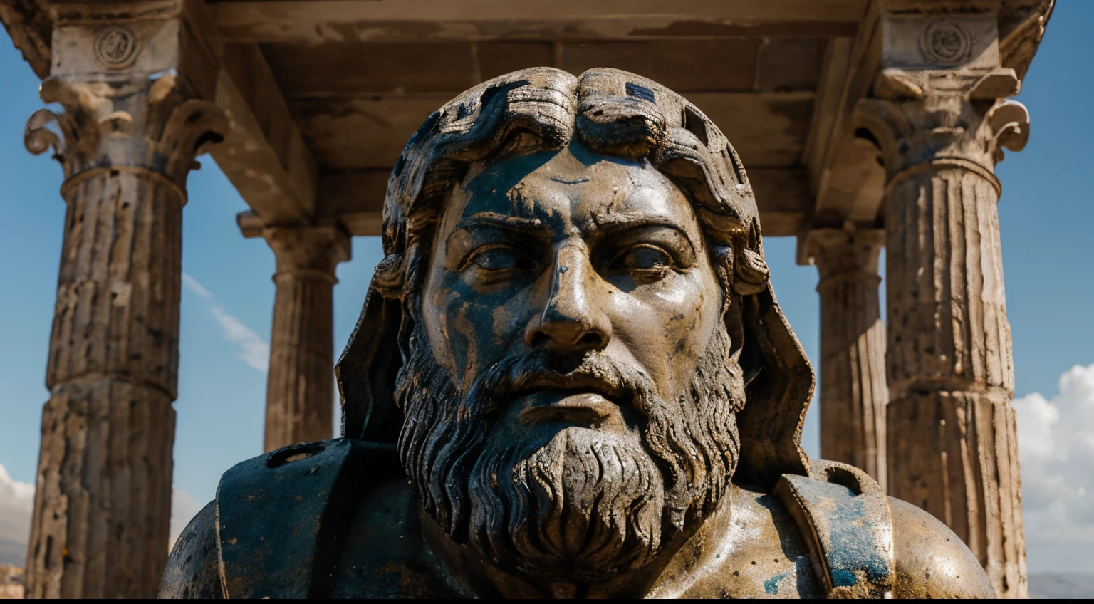 Ancient Stoic Statue With Very Angry Expression, tem barba, muitos detalhes em ambos os olhos, Outside, fundo atenas grego, open sky, com rosto extremamente detalhado full body view, Colors with low saturation with dark tone, Filmado em Sony A7S III com Sony FE 35mm f/1.8, 12.1 MP, --AR 3:2 --estilo cru