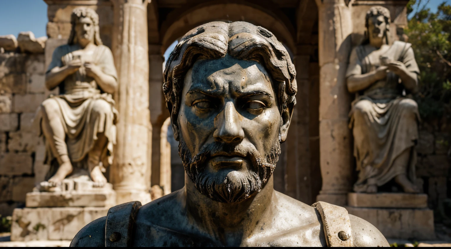 Ancient Stoic Statue With Very Angry Expression, tem barba, muitos detalhes em ambos os olhos, Outside, fundo atenas grego, open sky, com rosto extremamente detalhado full body view, Colors with low saturation with dark tone, Filmado em Sony A7S III com Sony FE 35mm f/1.8, 12.1 MP, --AR 3:2 --estilo cru