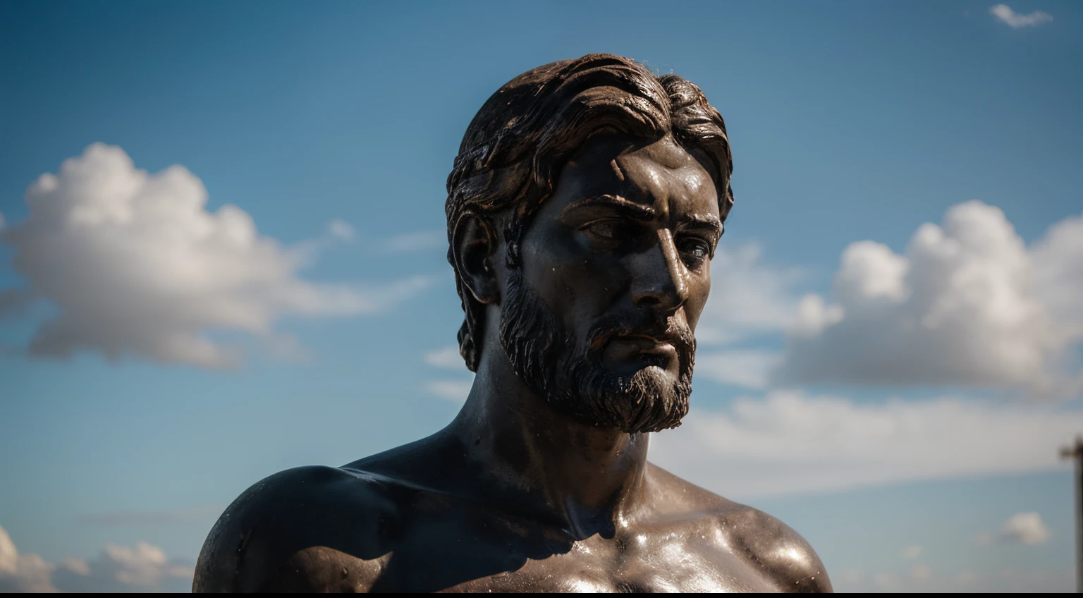 Ancient Stoic Statue With Very Angry Expression, tem barba, muitos detalhes em ambos os olhos, Outside, fundo atenas grego, open sky, com rosto extremamente detalhado full body view, Colors with low saturation with dark tone, Filmado em Sony A7S III com Sony FE 35mm f/1.8, 12.1 MP, --AR 3:2 --estilo cru