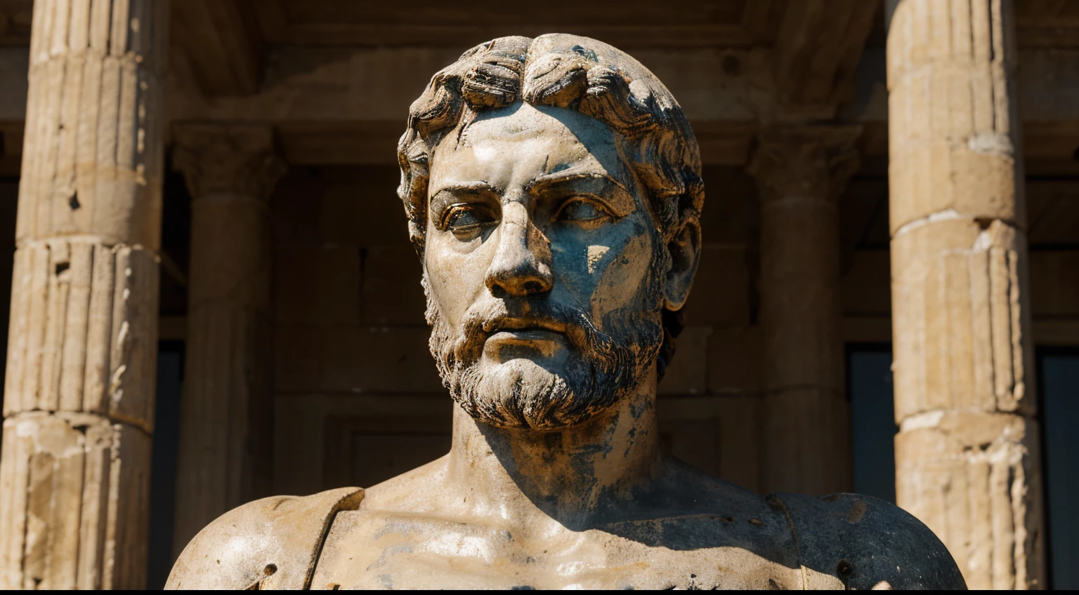 Ancient Stoic Statue With Very Angry Expression, tem barba, muitos detalhes em ambos os olhos, Outside, fundo atenas grego, open sky, com rosto extremamente detalhado full body view, Colors with low saturation with dark tone, Filmado em Sony A7S III com Sony FE 35mm f/1.8, 12.1 MP, --AR 3:2 --estilo cru