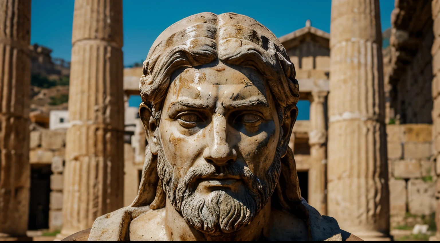 Ancient Stoic Statue With Very Angry Expression, tem barba, muitos detalhes em ambos os olhos, Outside, fundo atenas grego, open sky, com rosto extremamente detalhado full body view, Colors with low saturation with dark tone, Filmado em Sony A7S III com Sony FE 35mm f/1.8, 12.1 MP, --AR 3:2 --estilo cru