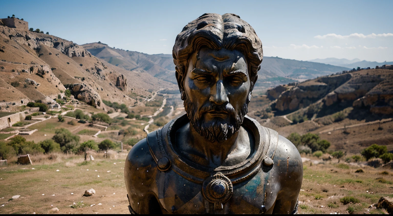 Ancient Stoic Statue With Very Angry Expression, tem barba, muitos detalhes em ambos os olhos, Outside, fundo atenas grego, open sky, com rosto extremamente detalhado full body view, Colors with low saturation with dark tone, Filmado em Sony A7S III com Sony FE 35mm f/1.8, 12.1 MP, --AR 3:2 --estilo cru