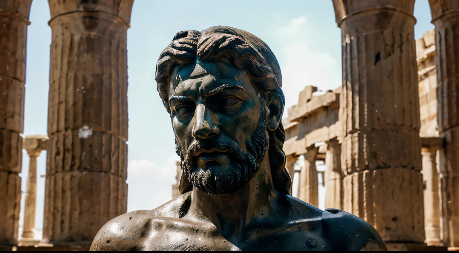 Ancient Stoic Statue With Very Angry Expression, tem barba, muitos detalhes em ambos os olhos, Outside, fundo atenas grego, open sky, com rosto extremamente detalhado full body view, Colors with low saturation with dark tone, Filmado em Sony A7S III com Sony FE 35mm f/1.8, 12.1 MP, --AR 3:2 --estilo cru