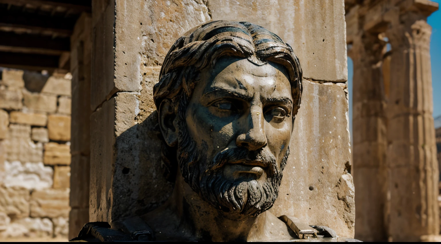 Ancient Stoic Statue With Very Angry Expression, tem barba, muitos detalhes em ambos os olhos, Outside, fundo atenas grego, open sky, com rosto extremamente detalhado full body view, Colors with low saturation with dark tone, Filmado em Sony A7S III com Sony FE 35mm f/1.8, 12.1 MP, --AR 3:2 --estilo cru