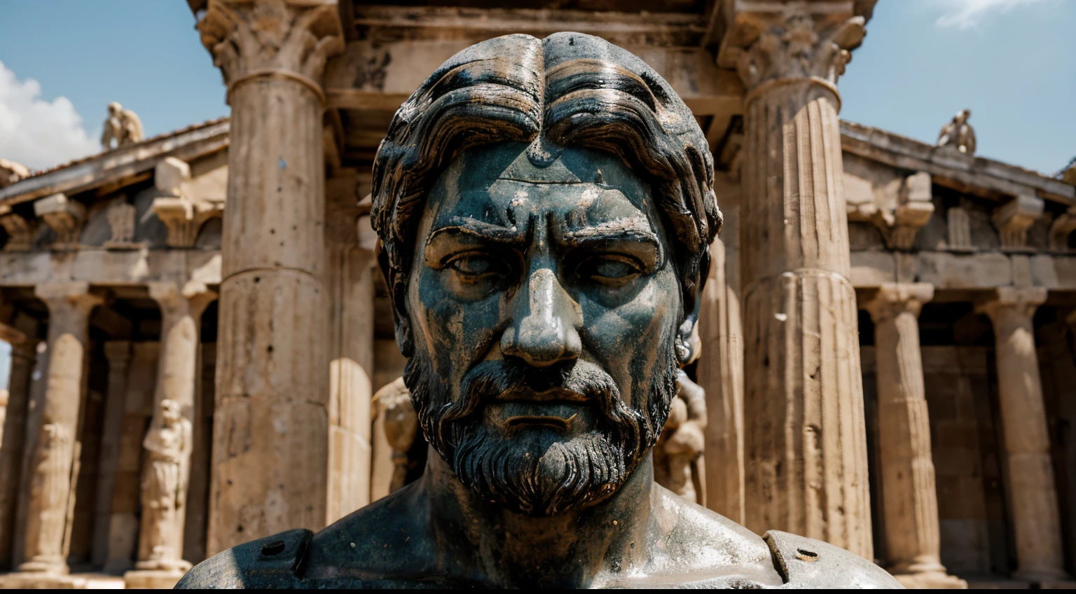 Ancient Stoic Statue With Very Angry Expression, tem barba, muitos detalhes em ambos os olhos, Outside, fundo atenas grego, open sky, com rosto extremamente detalhado full body view, Colors with low saturation with dark tone, Filmado em Sony A7S III com Sony FE 35mm f/1.8, 12.1 MP, --AR 3:2 --estilo cru