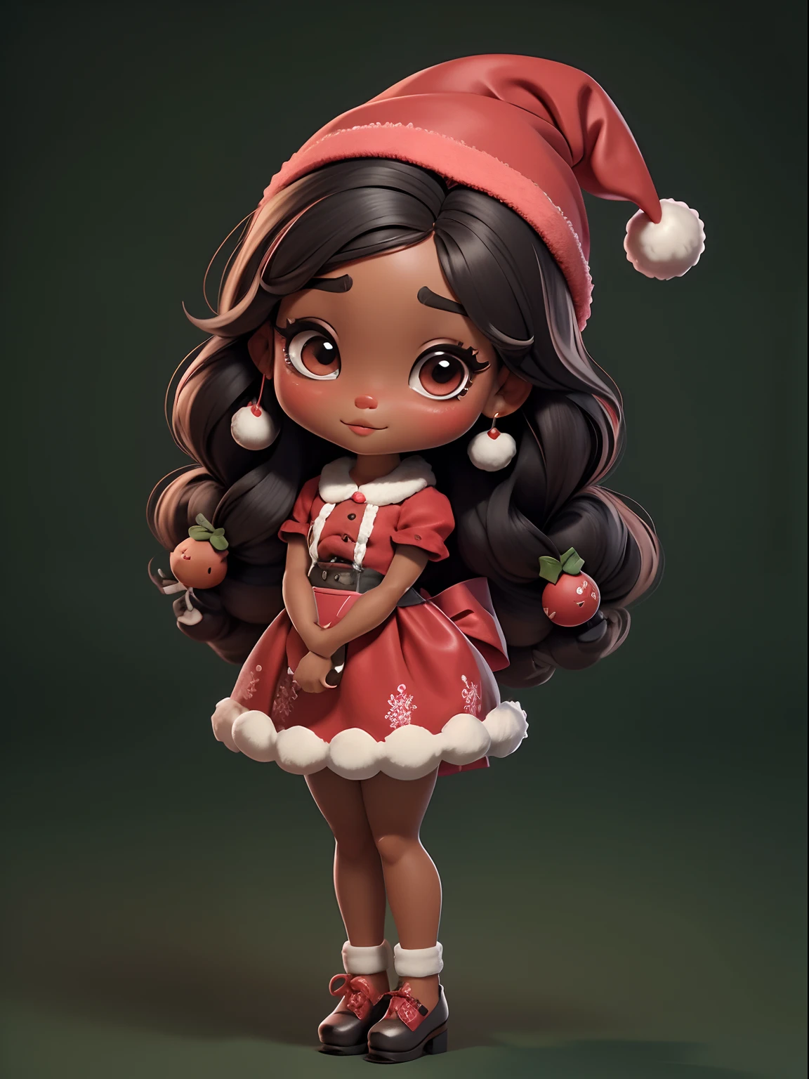 Escolha o tipo de corpo "Chibi" para sua boneca negra afro africana. This usually involves a large head in relation to the body, large eyes and a generally cute appearance.
Personalize o rosto da boneca. Adicione olhos grandes e expressivos, um sorriso fofo e bochechas rosadas.
Choose a hairstyle that complements the doll's appearance. It can be something cute with red Christmas bow.
Agora, concentre-se nas roupas da boneca. Escolha uma roupa vermelha fofa de Natal. Pode ser um vestido, a sweater or a set of t-shirt and skirt. Make sure the clothing is appropriate for the Chibi appearance of the doll.
Add beautiful details to your clothes. You can use elements such as ruffles, ties, buttons and lace to make the clothes more interesting and festive.
Don't forget your shoes! Escolha um sapato bonito que combine com a roupa vermelha de Natal. Pode ser um par de sapatilhas vermelhas ou sapatos de salto alto com detalhes fofos, such as Christmas bows or ornaments.
Add accessories, se desejar. It can be a Christmas hat with pompoms or a small bag matching the clothes.