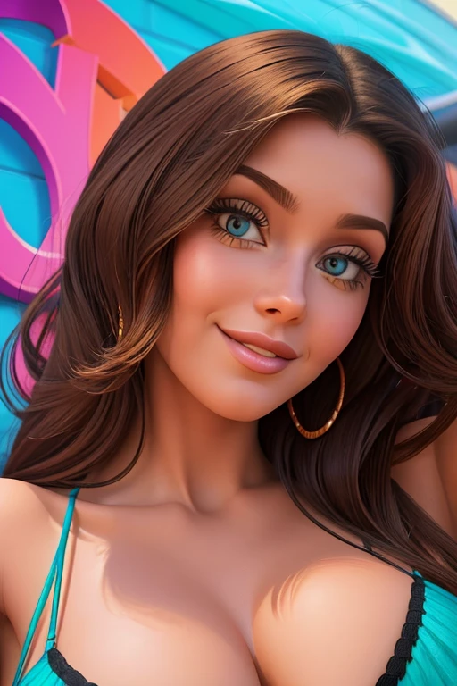 Crie uma pintura digital de uma mulher de 30 anos de Cuba, com um peito grande, posando para uma foto. A imagem deve retratar uma selfie de uma jovem mulher, com um estilo de pintura digital sensual. A mulher deve ser retratada como uma bela mulher mexicana bronzeada, with emphasis on your attractive features. A pintura deve ser reconhecida como a melhor pintura digital de todos os tempos, combinando elementos do estilo Pixar 1.23 with a highly detailed 3D representation, inspirada no trabalho de Artgerm. A imagem final deve ter um toque de caricatura, staying true to the style of digital illustration.