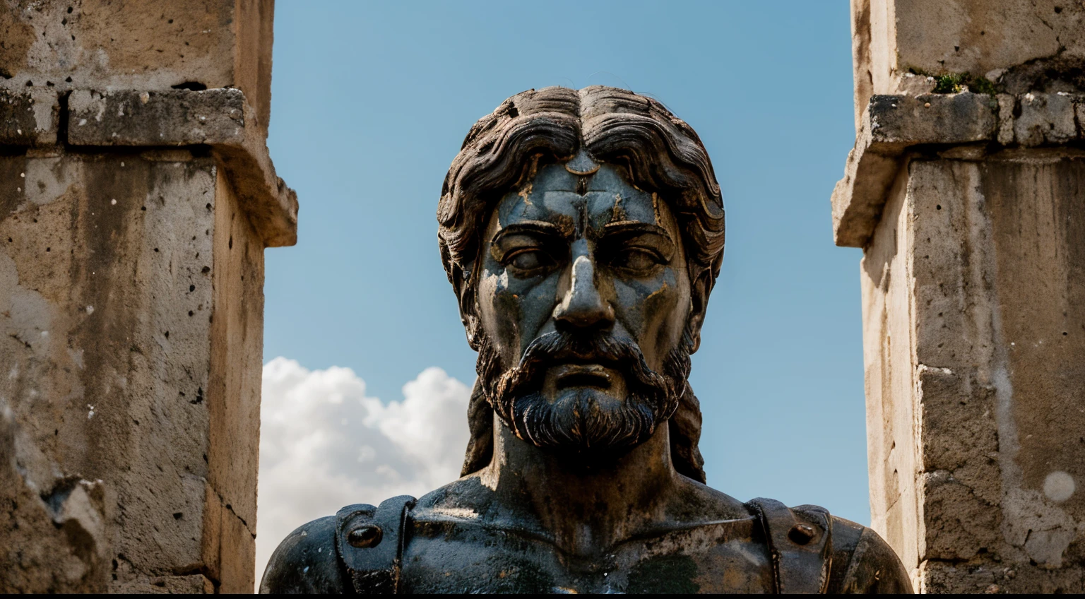 Ancient Stoic Statue With Very Angry Expression, tem barba, muitos detalhes em ambos os olhos, Outside, fundo atenas grego, open sky, com rosto extremamente detalhado full body view, Colors with low saturation with dark tone, Filmado em Sony A7S III com Sony FE 35mm f/1.8, 12.1 MP, --AR 3:2 --estilo cru