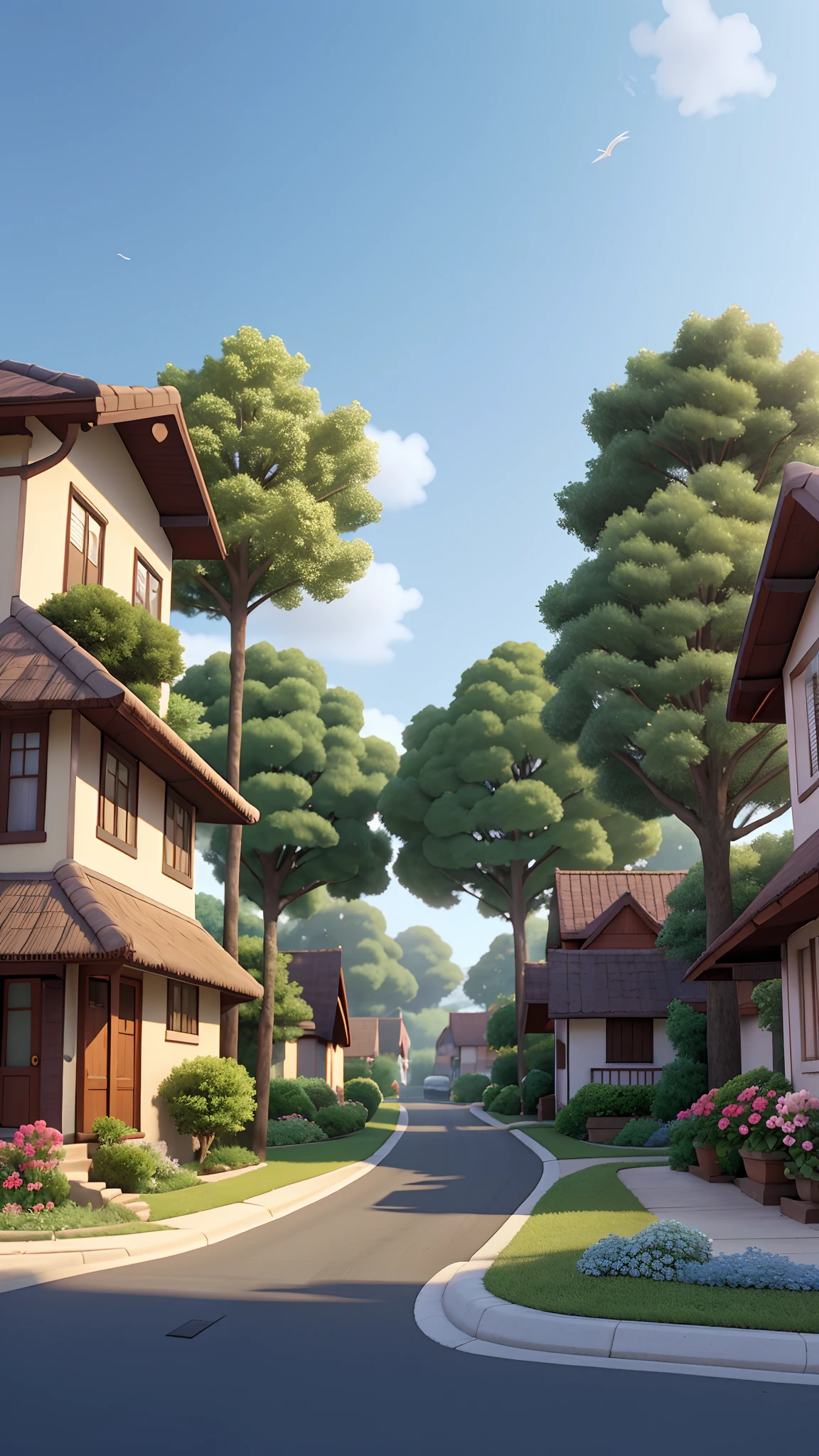 An evening scene just before sunset, on one corner of a small street in a residential area on the edge of town. In Indonesia. 
A small street between houses and small shops. Decorated with a few trees and flowers. It looks calm and beautiful. In studio ghibli style. Anime style. Very detailed. Hyper detailed. Digital illustration. Volumetric lightings. Projected shadows. Ambient occlusion. Soft shadows. Cinematic lightings. Cinematic scene.