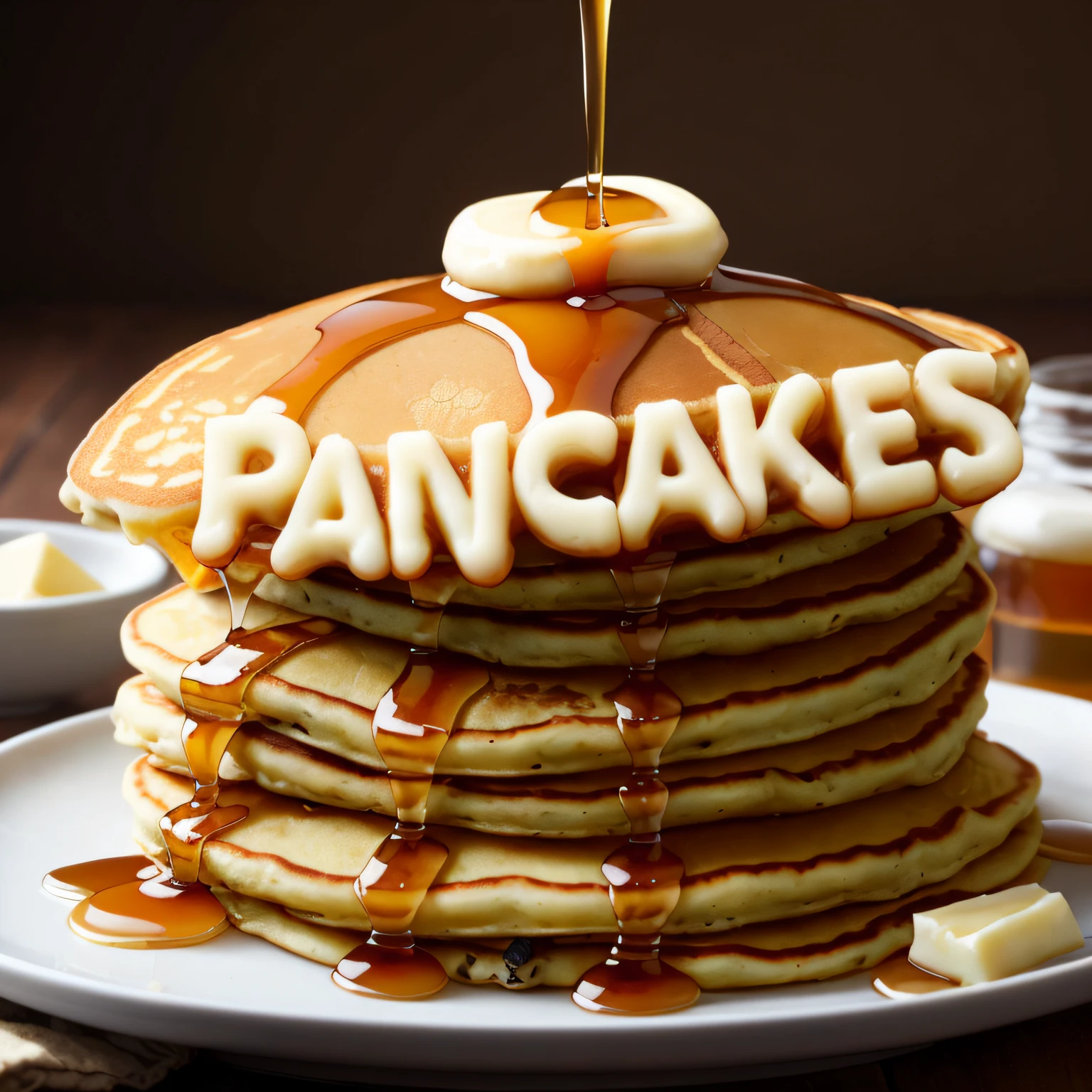 ("PANCAKES" text logo:1.2), stack of pancakes, melting butter, syrup, the letters "PANCAKES" are large and prominent, super realistic food picture, adorable food, maple syrup, shutterstock, high quality, hyper realistic, stock image, splash image, amazing food photography,