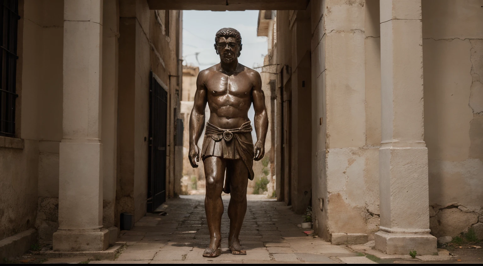 Ancient Stoic Statue With Very Angry Expression, tem barba, muitos detalhes em ambos os olhos, Outside, fundo atenas grego, open sky, com rosto extremamente detalhado full body view, Colors with low saturation with dark tone, Filmado em Sony A7S III com Sony FE 35mm f/1.8, 12.1 MP, --AR 3:2 --estilo cru