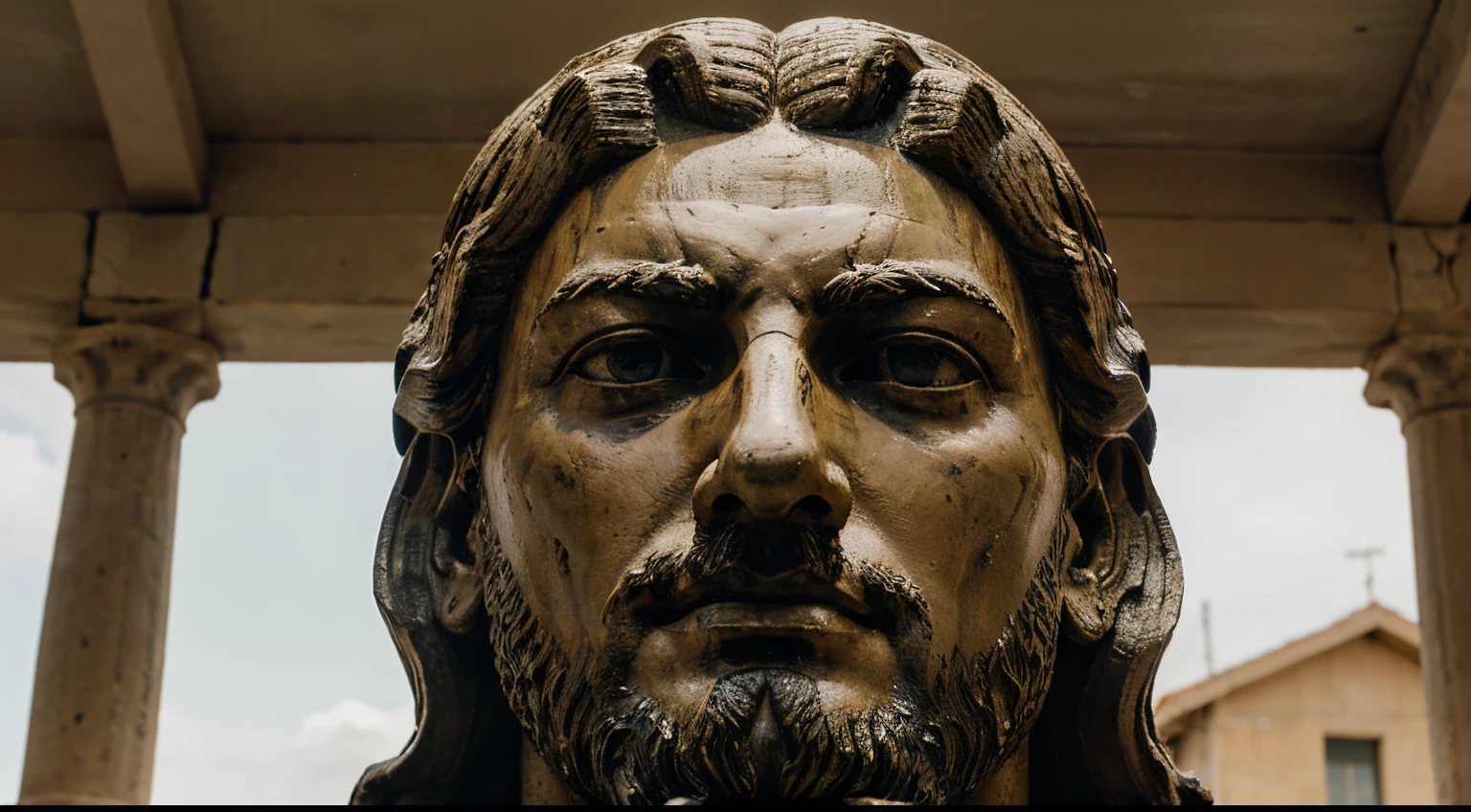 Ancient Stoic Statue With Very Angry Expression, tem barba, muitos detalhes em ambos os olhos, Outside, fundo atenas grego, open sky, com rosto extremamente detalhado full body view, Colors with low saturation with dark tone, Filmado em Sony A7S III com Sony FE 35mm f/1.8, 12.1 MP, --AR 3:2 --estilo cru