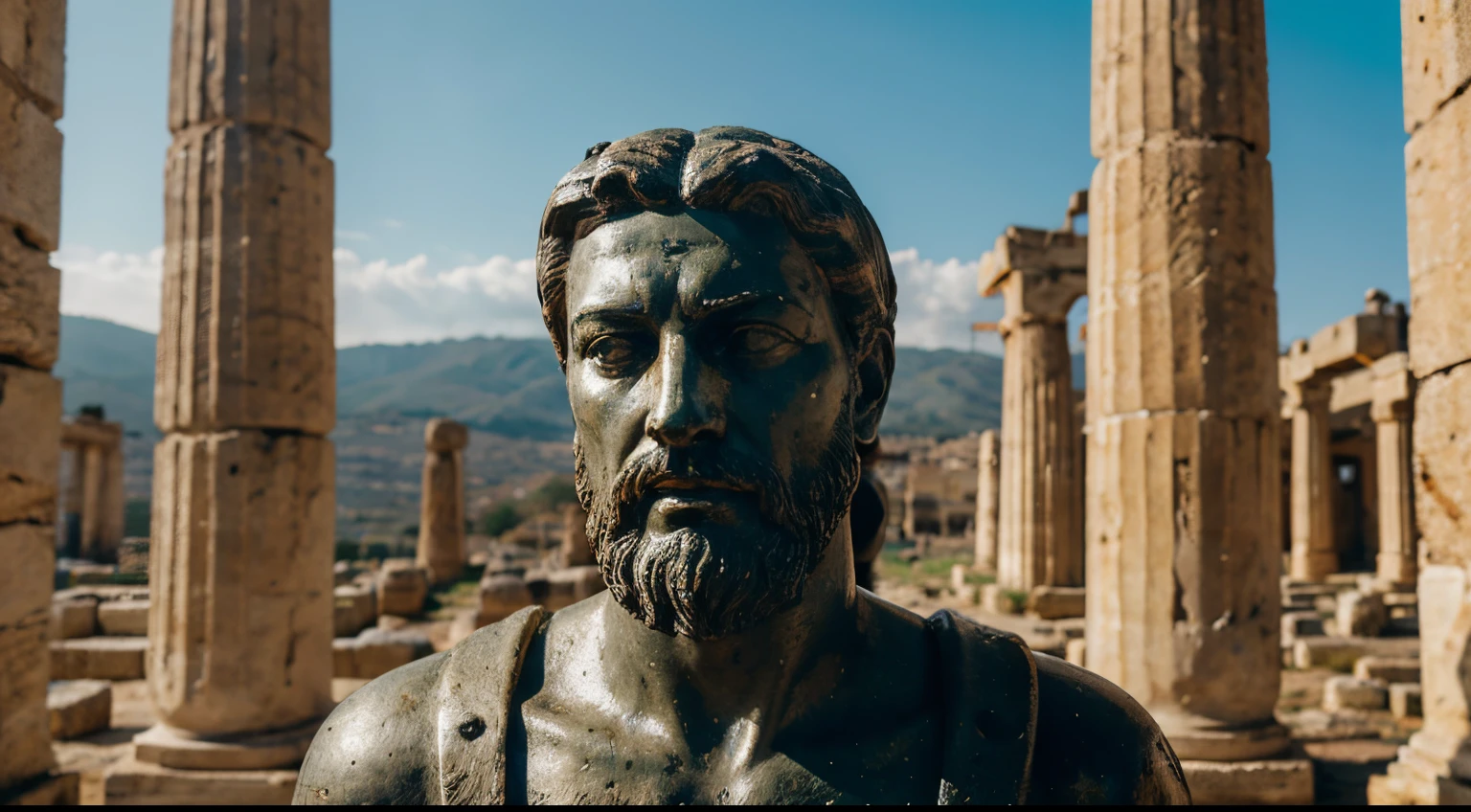 Ancient Stoic Statue With Very Angry Expression, tem barba, muitos detalhes em ambos os olhos, Outside, fundo atenas grego, open sky, com rosto extremamente detalhado full body view, Colors with low saturation with dark tone, Filmado em Sony A7S III com Sony FE 35mm f/1.8, 12.1 MP, --AR 3:2 --estilo cru