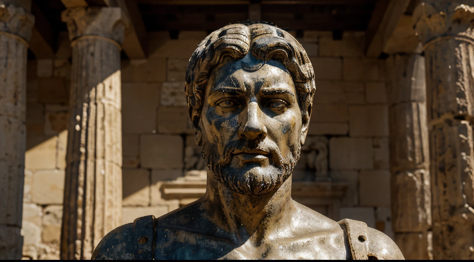 Ancient Stoic Statue With Very Angry Expression, tem barba, muitos detalhes em ambos os olhos, Outside, fundo atenas grego, open sky, com rosto extremamente detalhado full body view, Colors with low saturation with dark tone, Filmado em Sony A7S III com Sony FE 35mm f/1.8, 12.1 MP, --AR 3:2 --estilo cru