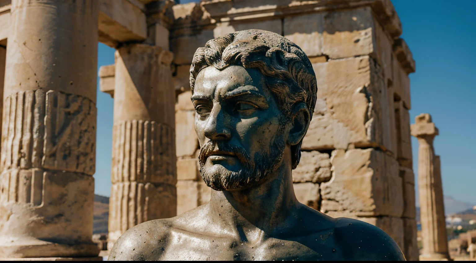 Ancient Stoic Statue With Very Angry Expression, tem barba, muitos detalhes em ambos os olhos, Outside, fundo atenas grego, open sky, com rosto extremamente detalhado full body view, Colors with low saturation with dark tone, Filmado em Sony A7S III com Sony FE 35mm f/1.8, 12.1 MP, --AR 3:2 --estilo cru