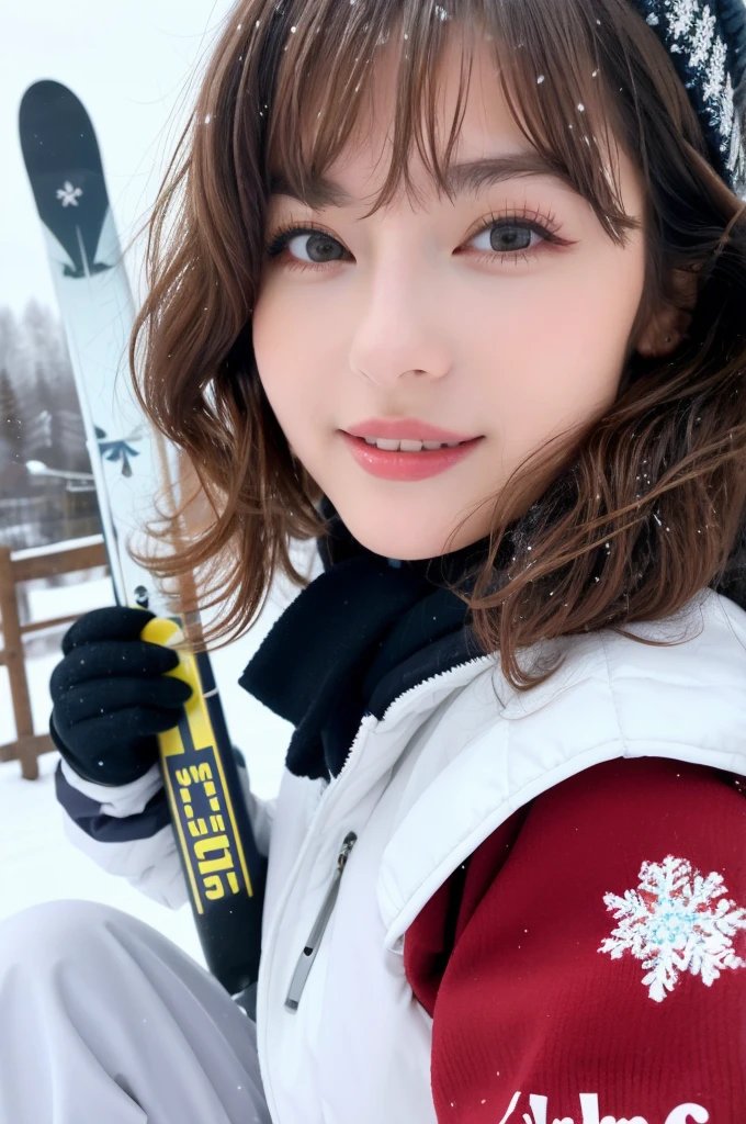 (best quality,4k,highres,ultra-detailed,masterpiece:1.2),realistic,portrait,ski resort,woman sitting on the snow,detailed eyes,Japanese,yet feminine,shoulder-length brown hair,round face,beautiful makeup,thick lips,vivid colors,pure white snow,translucent effect,perfectly aligned teeth