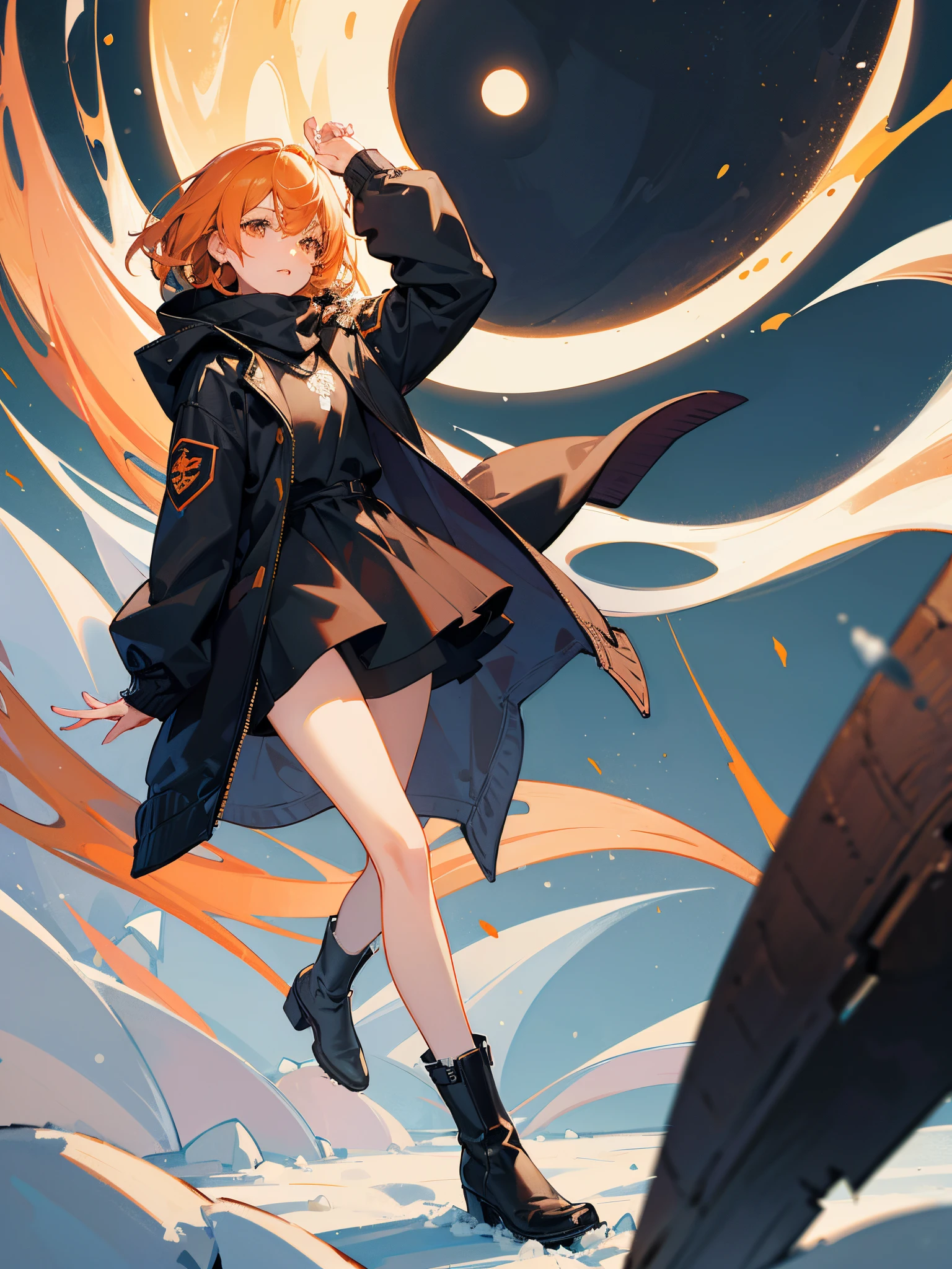 (Best Quality:1.2, hight resolution:1.2), Realistic:1.37 portrait, dark mysterious:1.1 lighting, Orange color tone, Snow-covered landscapes, Lonely:0.9 atmosphere, Detailed girl in winter clothes, beautiful detail eyes, detailed lips, softly falling snowflakes, frosty breath in the cold air, barren trees with icy branches, Foggy forest in the background, feeling of isolation and contemplation of blue stars, massive boots