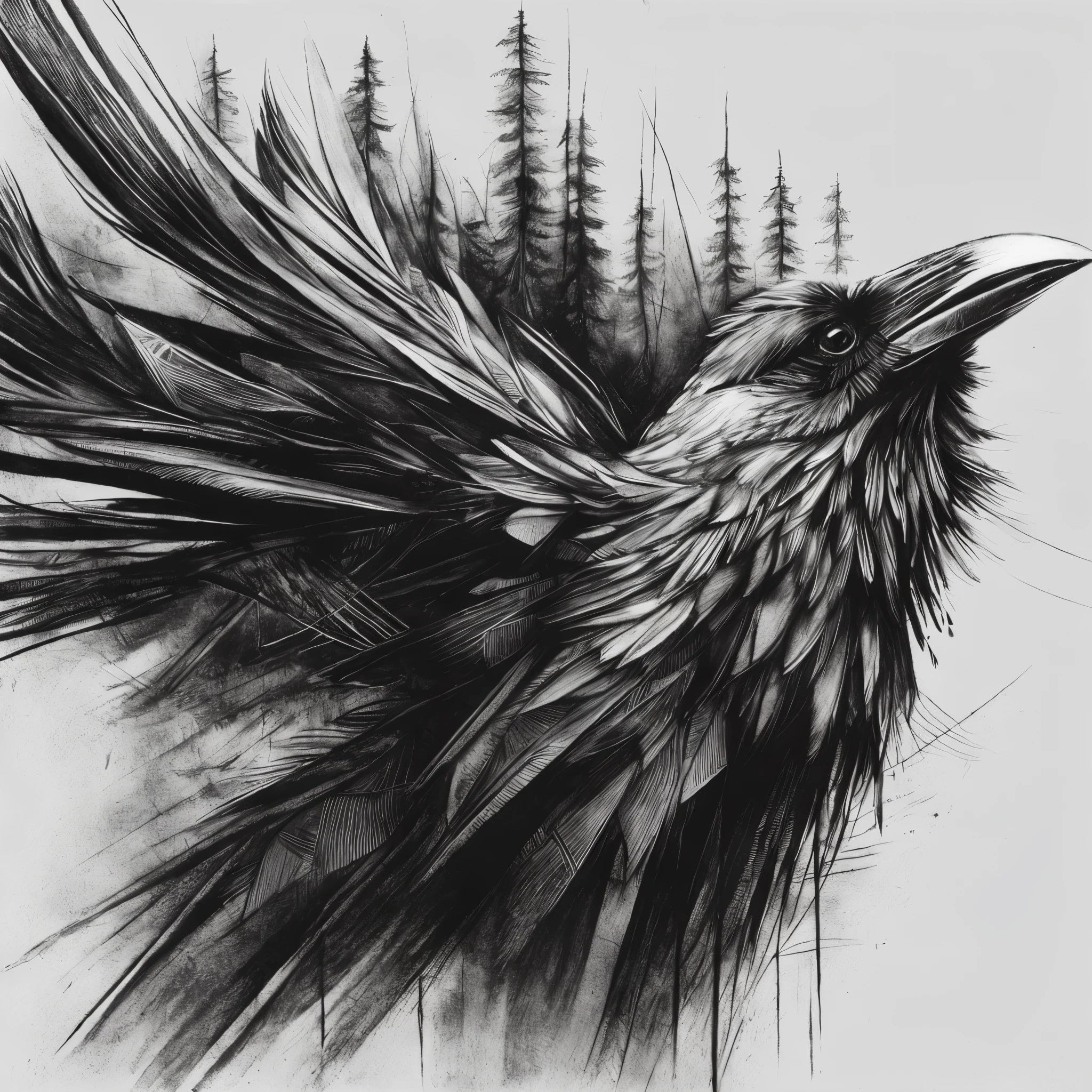 a black and white drawing of a bird with long feathers, intricate charcoal illustration, detailed crow illustration, artistic drawing of a crow, arte escura altamente detalhada, intrincada obra de arte digital, desenho a tinta intrincado, arte em preto e branco, arte extremamente detalhada, pintura a tinta intrincada, intrincada arte digital detalhada, highly detailed ink illustration, arte a tinta, crows as a symbol of death, arte incrivelmente detalhada