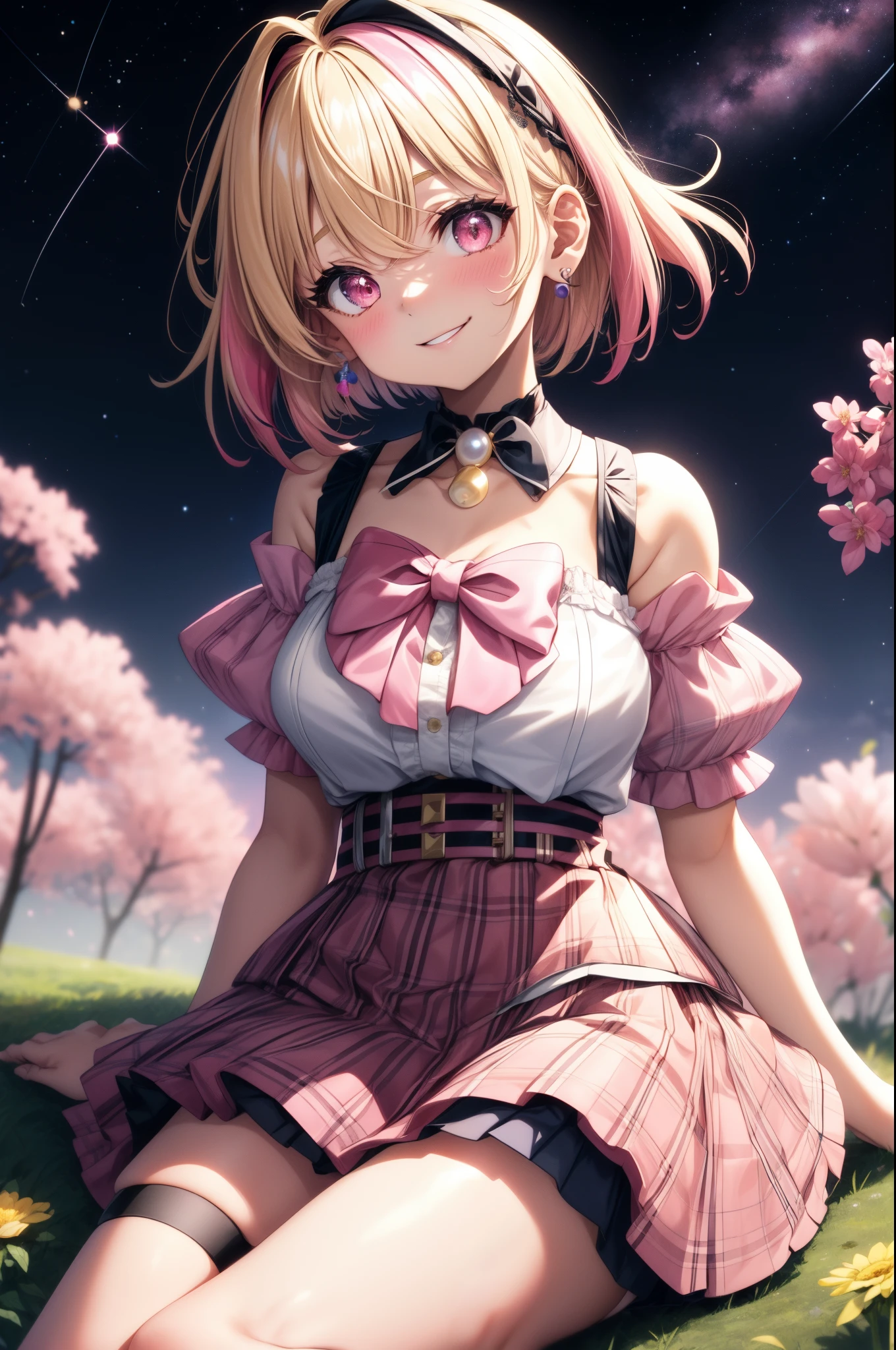 1girl, solo, blonde hair, scene hair, hair clips, (pink streaks), two tone hair, streaky hair, short hair, off shoulder shirt, from above, sitting, outdoors, night, flower field, starry sky, flower, headband, jirai kei, bare shoulder, microskirt, pink plaid skirt, garter belt, earrings, thick lips, pink eyes, layered hair, huge breasts, short sleeves, thick thighs, (anime:1.2), blunt bang, eye makeup, choker, bowtie, pearl earrings, cowboy shot, head tilt, smile,