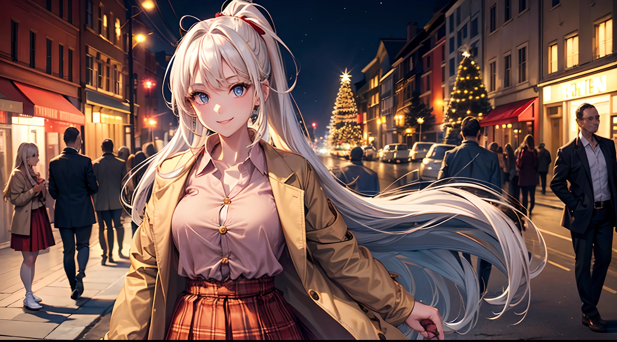 1girl, solo, full body, christmas, christmas tree, street, night, lights, giving gift, long hair, white hair, ponytail, large breasts, button down, ((opened brown short jacket)), dark blue eyes, ((red shirt)), checked shirt, ((unbuttoned shirt)), ((long skirt)), smile, looking at the viewer, standing