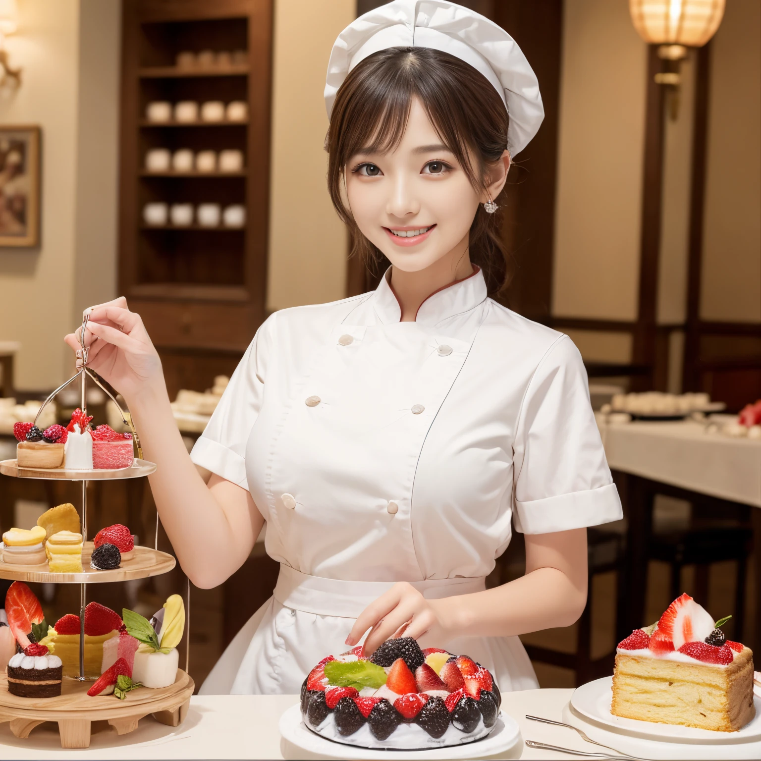 ((masutepiece、top-quality、Highly complex and detailed depictions))、1 Japan Beauty、patissier、Pastry Chef Uniforms、Pastry chef's clothes、Cake shop、The biggest smile staring at the camera、Slimed、large full breasts、Fruit cake making