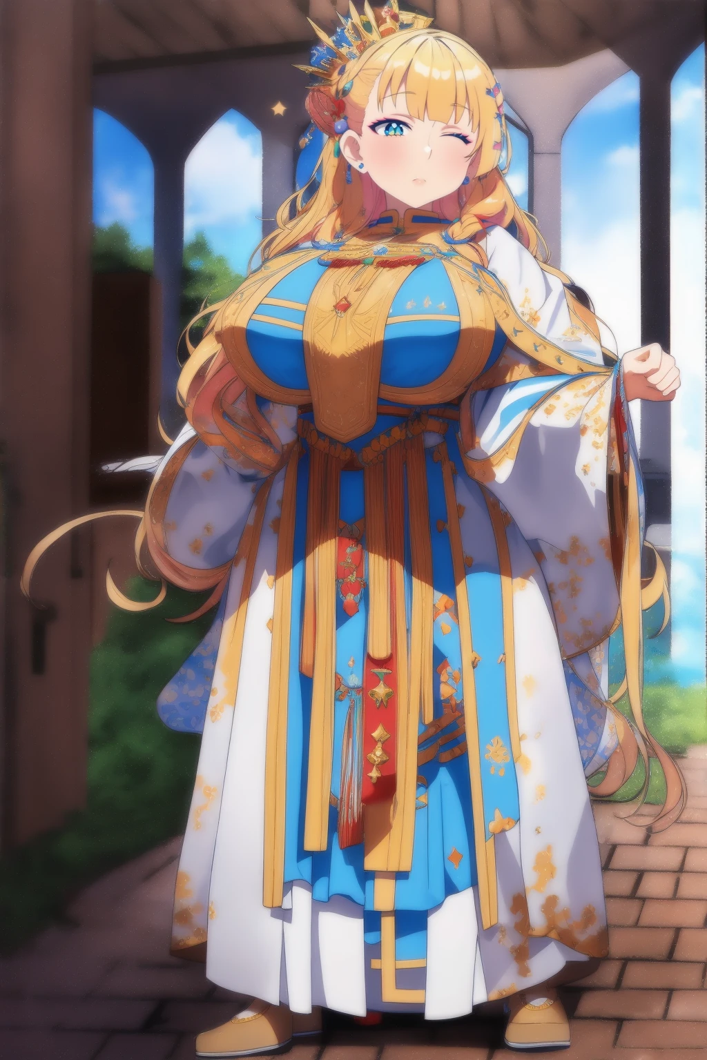 galko,1girl, solo,woman-medieval-cloths,priestess, full body, gyaru, huge breast, curvy