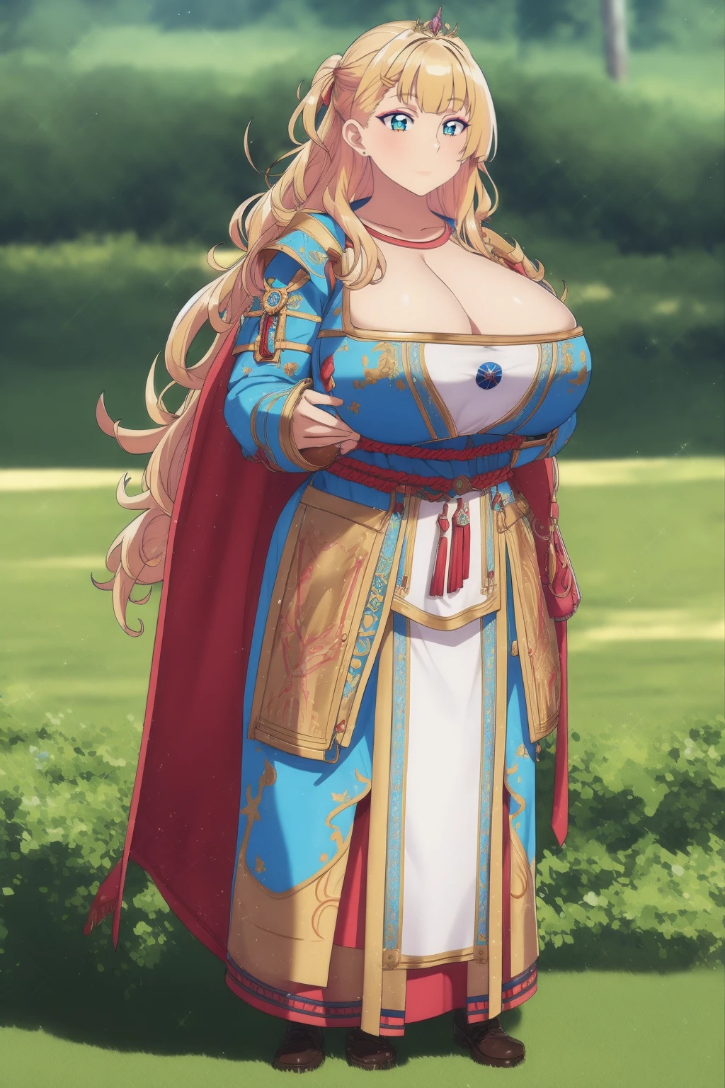 galko,1girl, solo,woman-medieval-cloths,priestess, full body, gyaru, huge breast, curvy, tunic