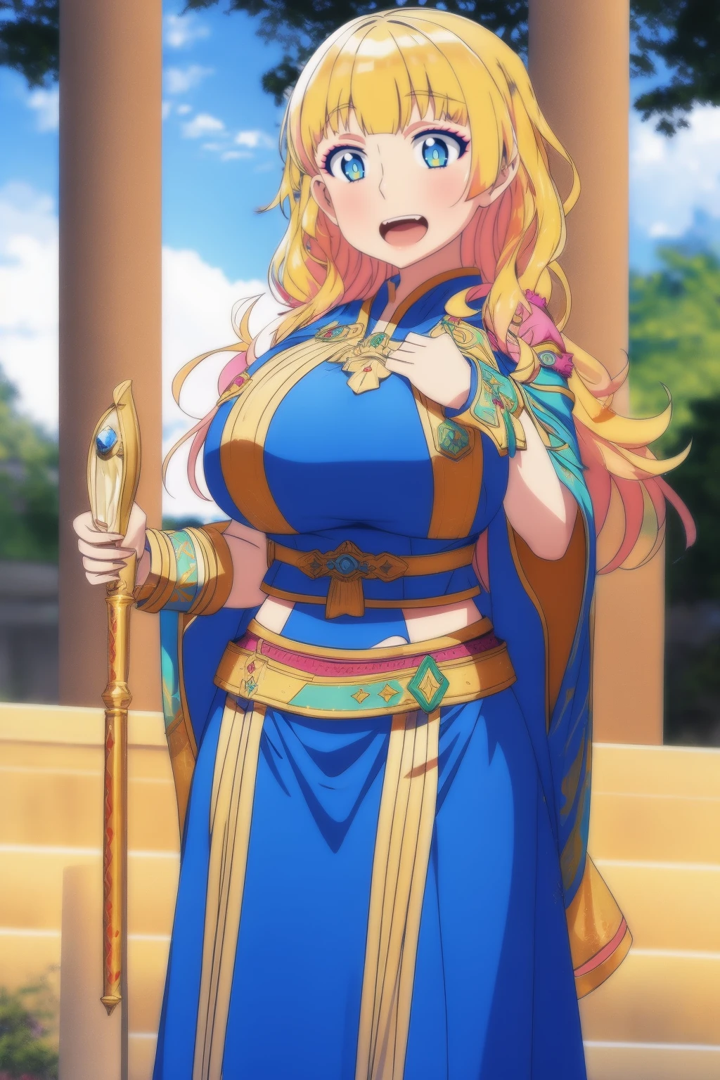 galko,1girl, solo,woman-medieval-cloths,priestess, full body, gyaru, huge breast, curvy, tunic