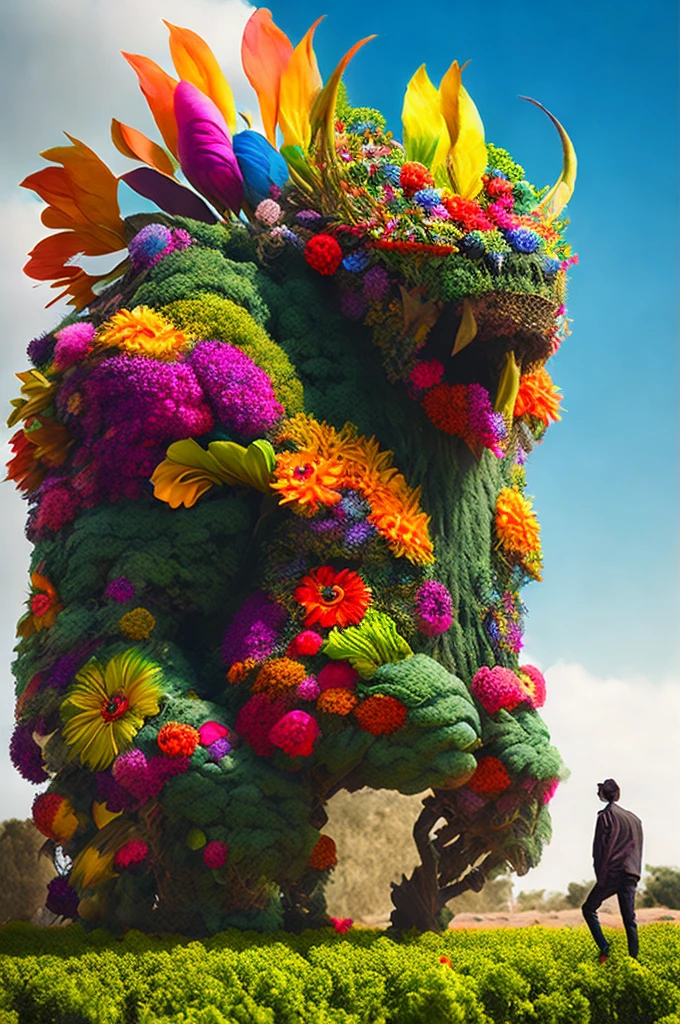 An interesting twist on the giant plant monster concept, with a humanoid figure made entirely of colorful, exotic flowers and vines, its movements fluid and mesmerizing.