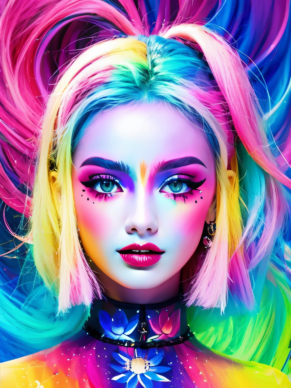 Woman with light hair and bright makeup　Little devil face like a cat　painting of a, Vivid neon ink painting, Vibrant digital painting, Vibrant digital art, colorful art, art of alessandro pautasso, vibrant cartoon art, jen bartel, colorful digital art, Colorful paintings, Colorful Digital Painting, Hypercolor Digital Art, Vivid paintings, Full-color digital art, colourful drawing, vibrant fan art