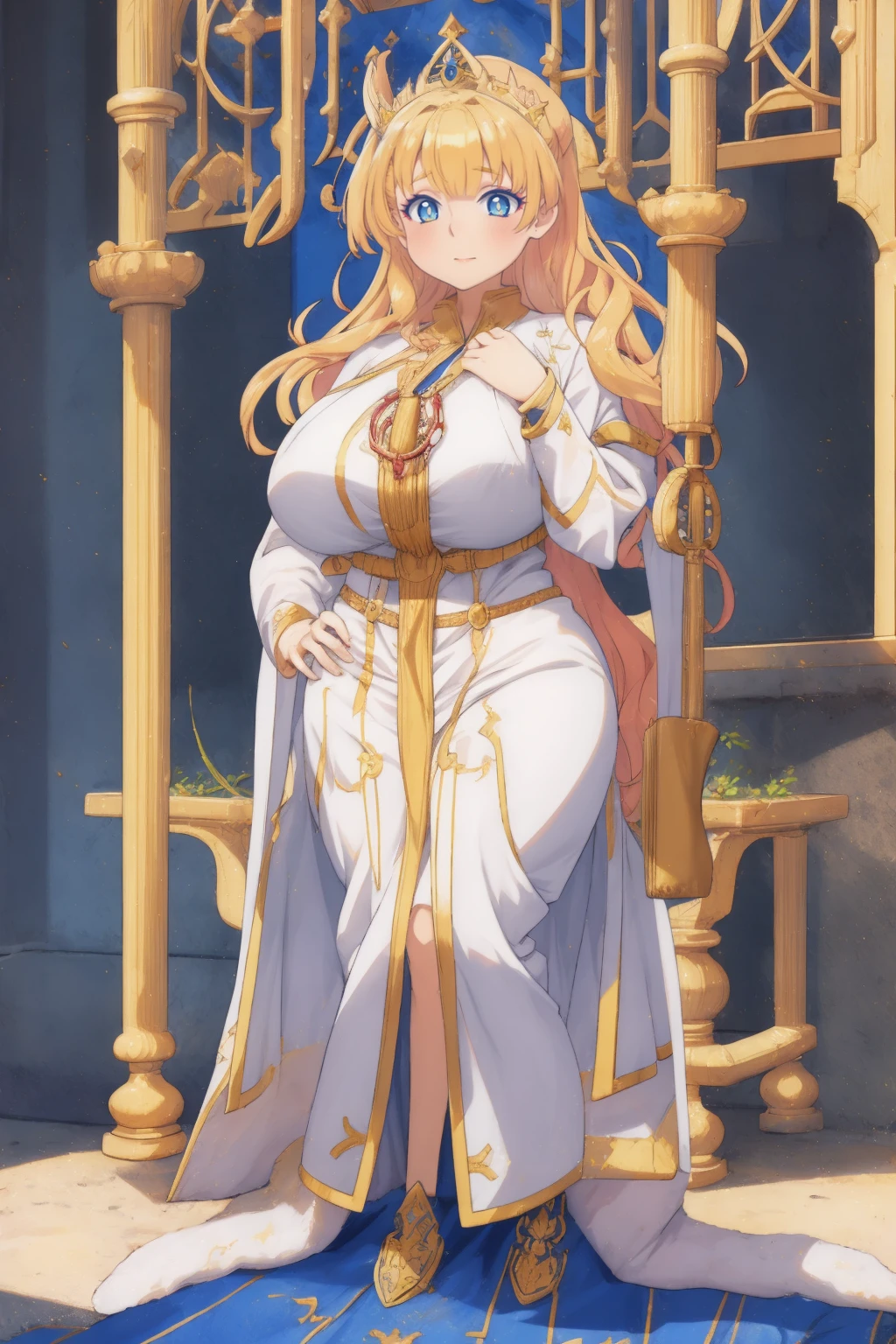 galko,1girl, solo,woman-medieval-cloths,priestess, full body, gyaru, huge breast, curvy, tunic