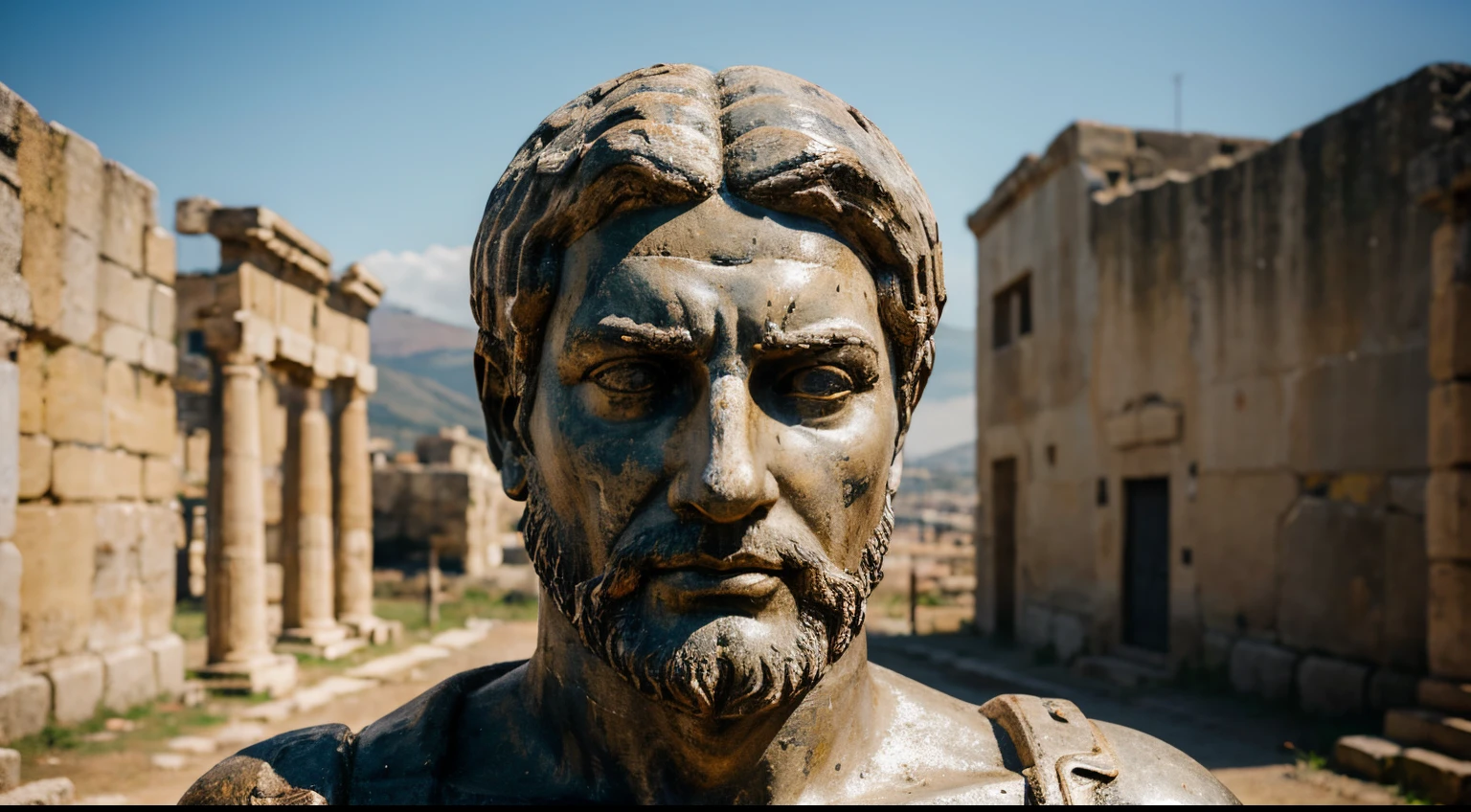 Ancient Stoic Statue With Very Angry Expression, tem barba, muitos detalhes em ambos os olhos, Outside, fundo atenas grego, open sky, com rosto extremamente detalhado full body view, Colors with low saturation with dark tone, Filmado em Sony A7S III com Sony FE 35mm f/1.8, 12.1 MP, --AR 3:2 --estilo cru