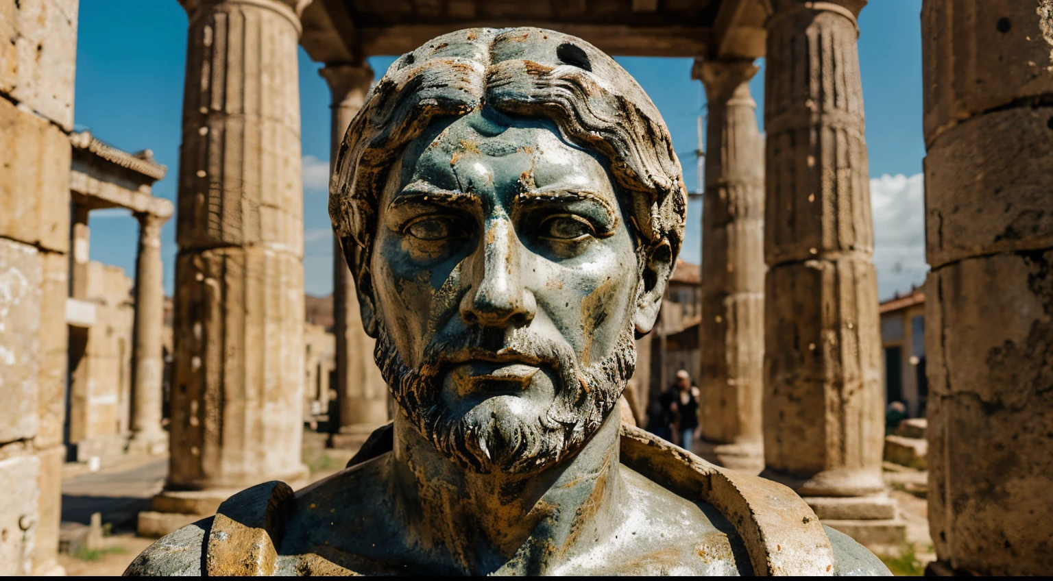 Ancient Stoic Statue With Very Angry Expression, tem barba, muitos detalhes em ambos os olhos, Outside, fundo atenas grego, open sky, com rosto extremamente detalhado full body view, Colors with low saturation with dark tone, Filmado em Sony A7S III com Sony FE 35mm f/1.8, 12.1 MP, --AR 3:2 --estilo cru